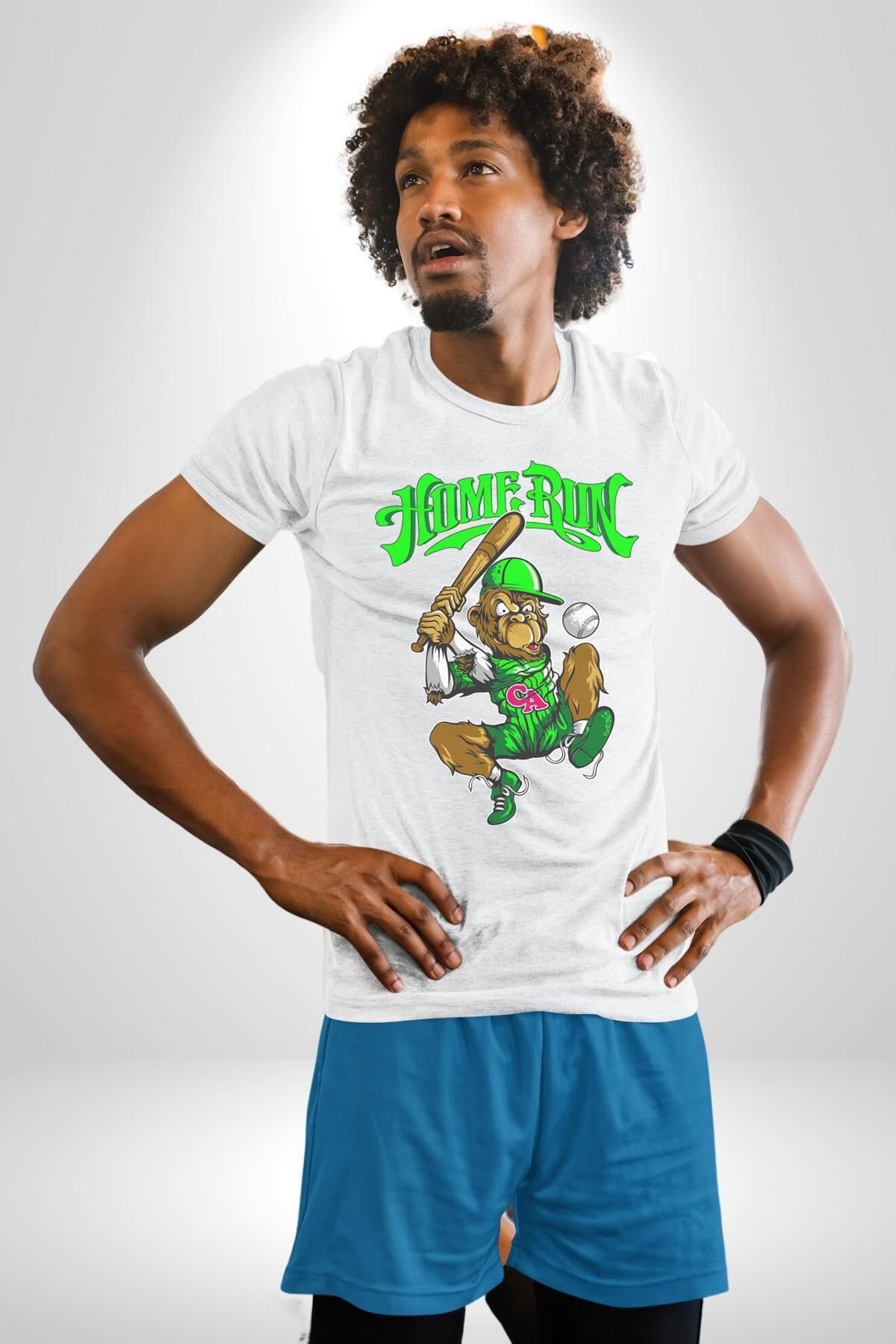 Navcoli-Home Run Monkey Baseball Fun Character Graphic Printed Cotton Combed Women Men White T-Shirt 4