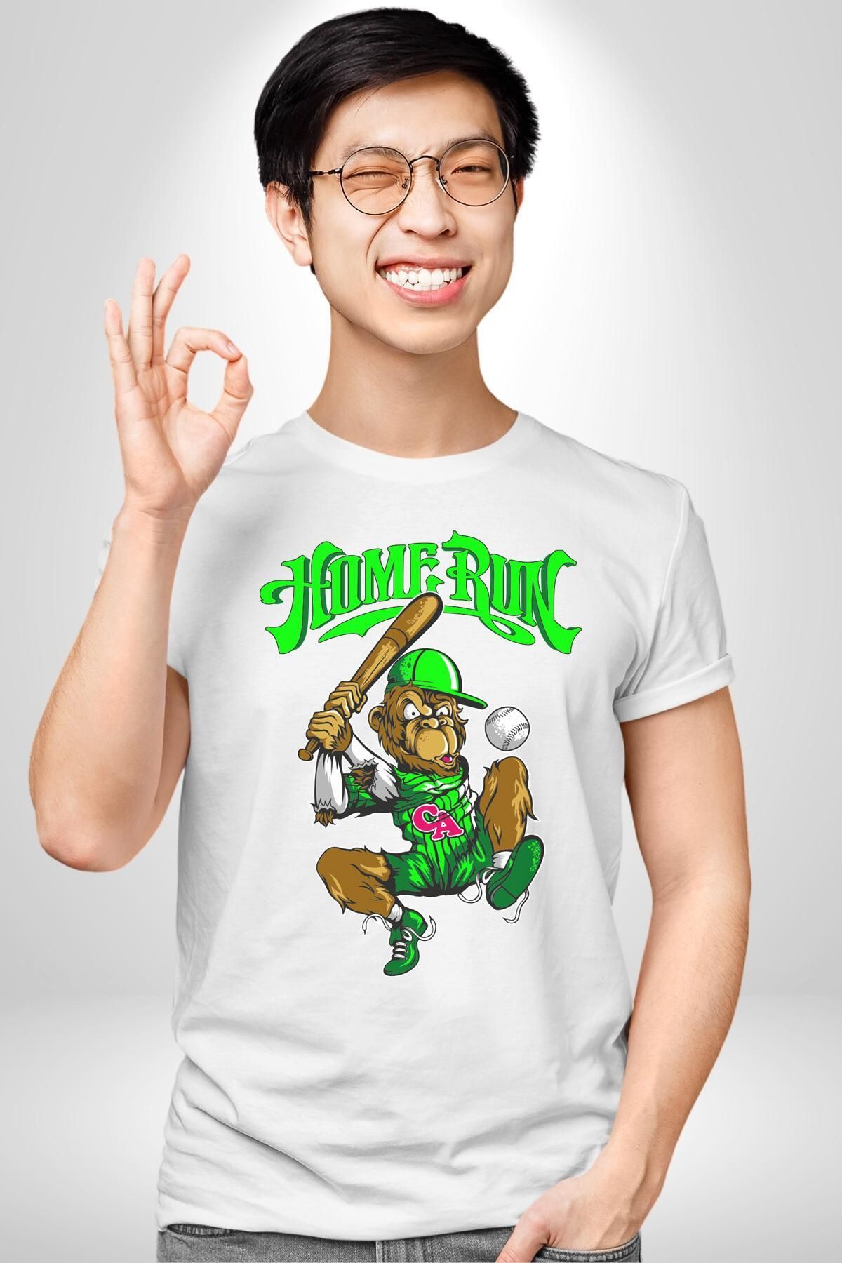 Navcoli-Home Run Monkey Baseball Fun Character Graphic Printed Cotton Combed Women Men White T-Shirt 7
