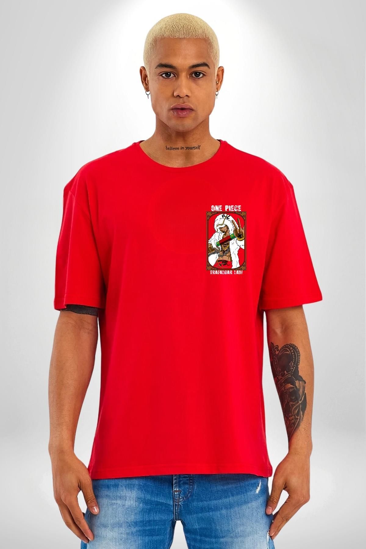 Navcoli-One Pice Trafalgar Law Anime Minimal Pocket Printed Cotton Combed Cotton Women Men Red T-Shirt 6