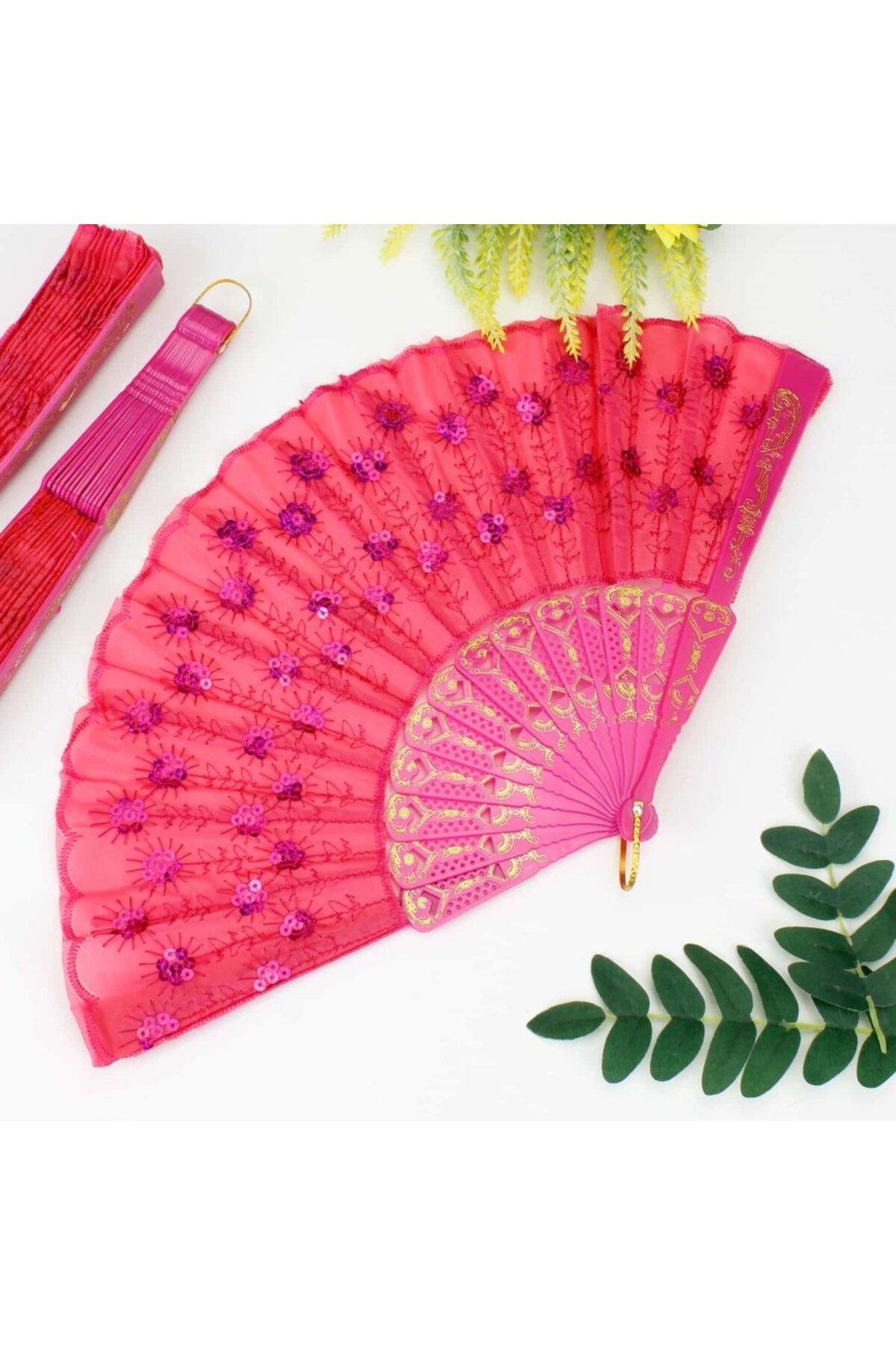 Easy Tedarik 12 li Fuşya Plastik Kumaş Yelpaze