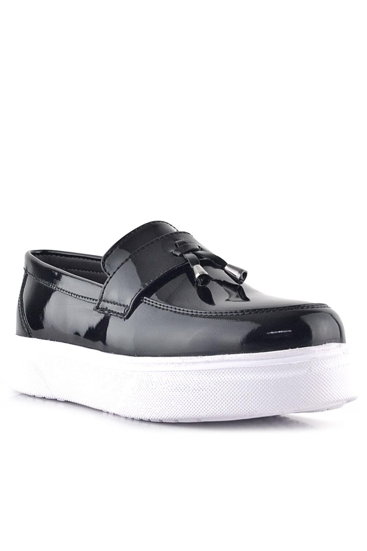 Rakerplus Pantofi Clasici Pentru Copii Din Piele Lacuita Neagra Cu Talpa Alba Masculin - 30