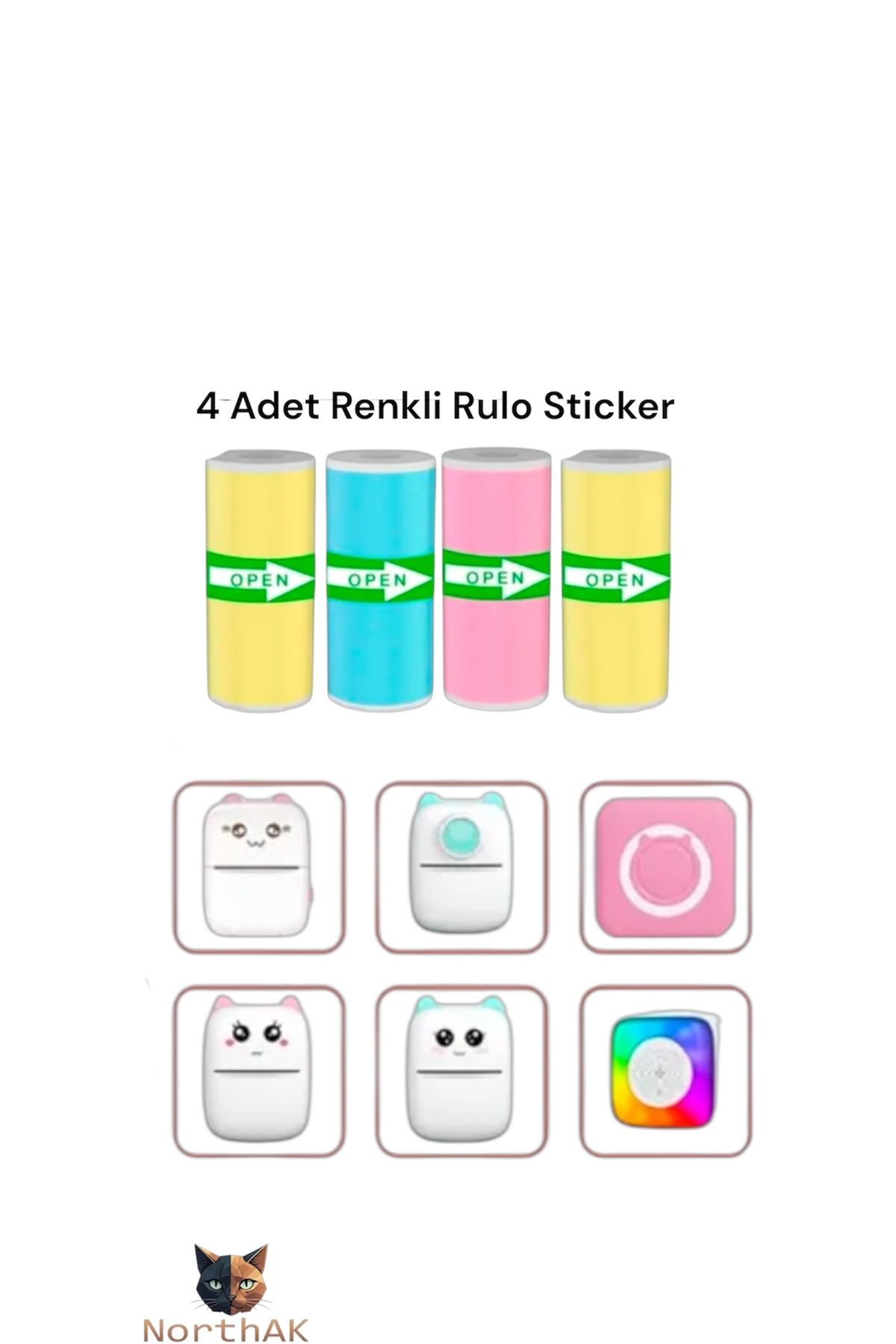 NorthAK 4 Adet Renkli Mini Yazıcı Rulosu Yapışkanlı - Renkli Mini Yazıcı Rulosu Sticker