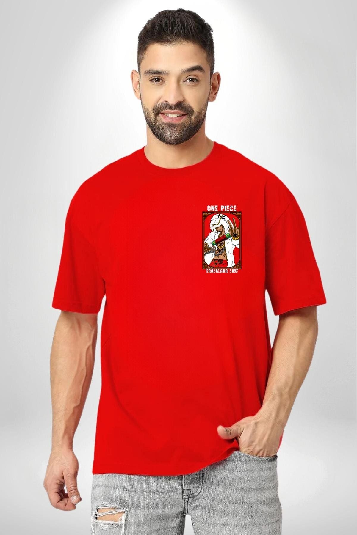 Navcoli-One Pice Trafalgar Law Anime Minimal Pocket Printed Cotton Combed Cotton Women Men Red T-Shirt 5
