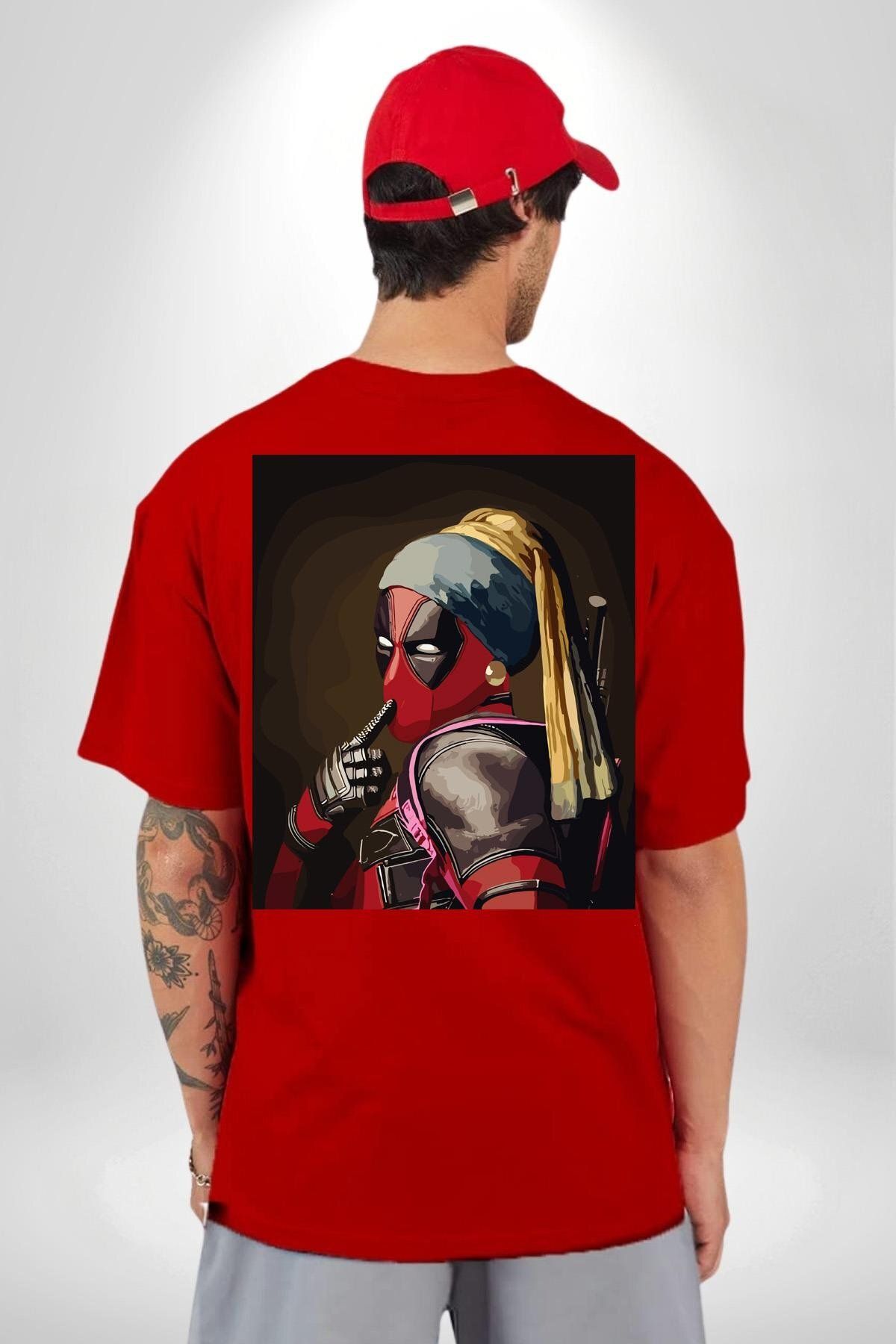 Navcoli-Deadpool Girl with Pearl Earrings Pocket Back Printed Cotton Combed Women's Men's Red T-Shirt 3