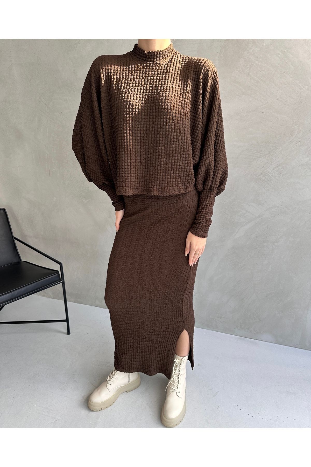 Fav Style-Brown Women's Blouse and Long Skirt Set - Half Stand Collar, Bat Sleeve and Slit Detail 5