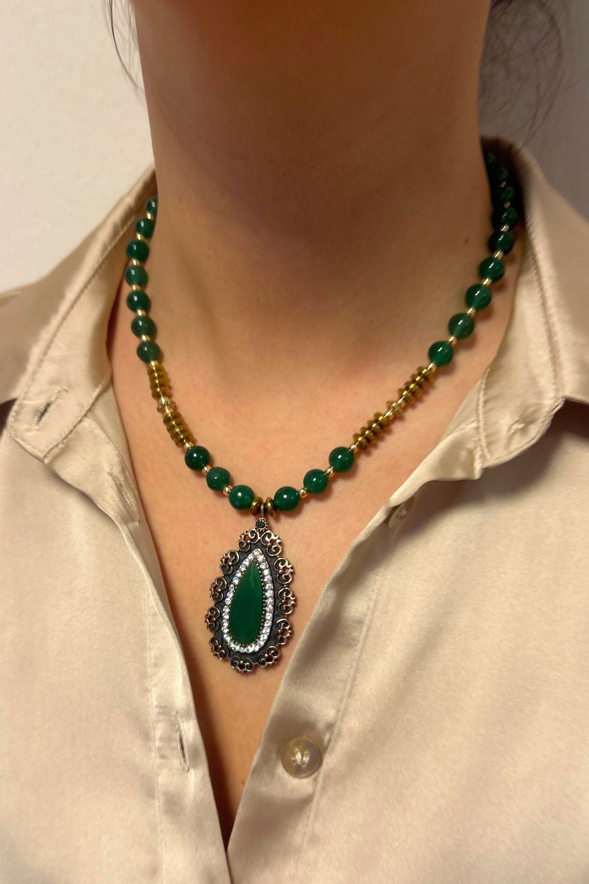 Suerte Accessories-Jade and Hematite Natural Stone Jeweler Handwork Diamond Mounted Handmade Natural Stone Necklace with Jade Tip 2