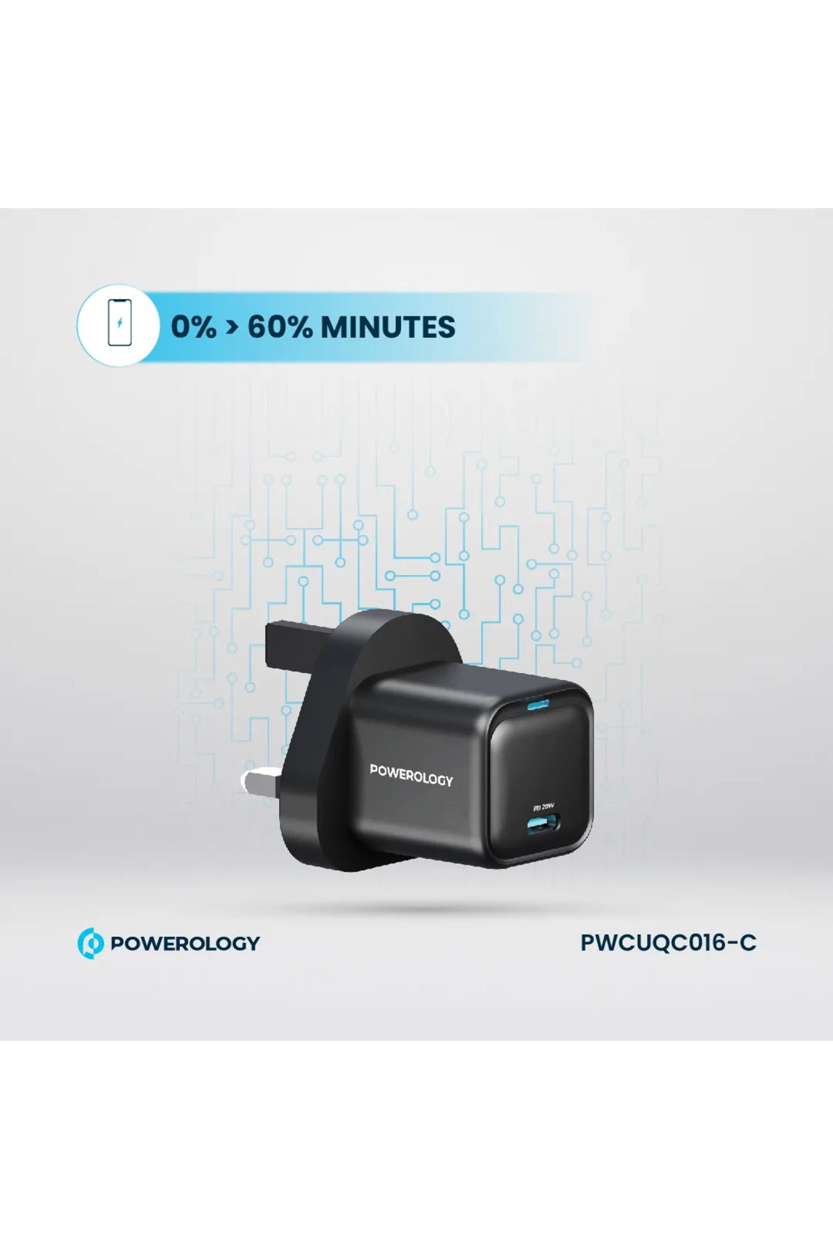 Powerology-20W Single C Port Pd Charger Uk With Type C To C 60W Cable - Black 8
