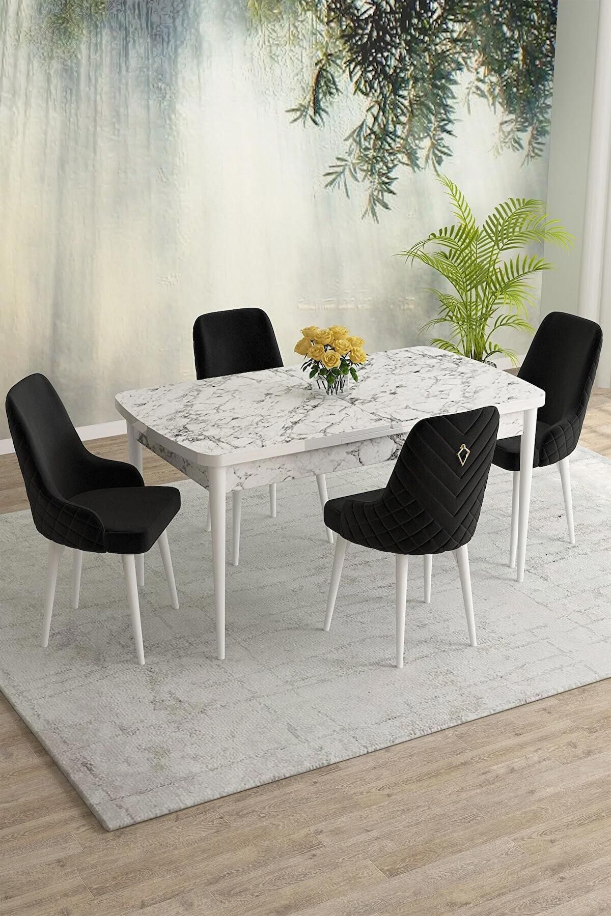 Blanca Serisi Beyaz Mermer 80x132 Açılabilir MDF  Masa Takımı  BabyFace Kumaş 4 Adet Siyah Sandalye-0