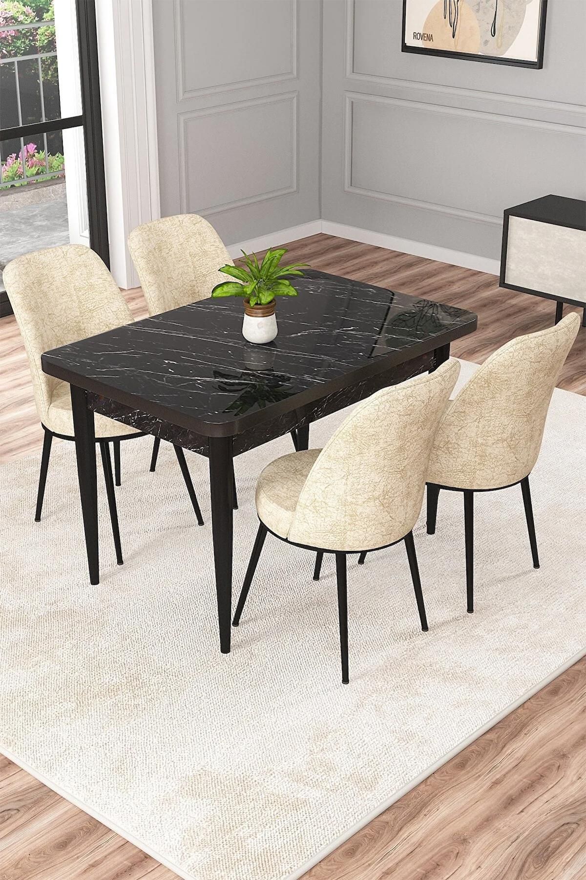 Raum Serisi Siyah Mermer 70x110 Sabit Suntalam Yemek Odası Takımı Metal Ayak 4 Adet Krem Sandalye-1