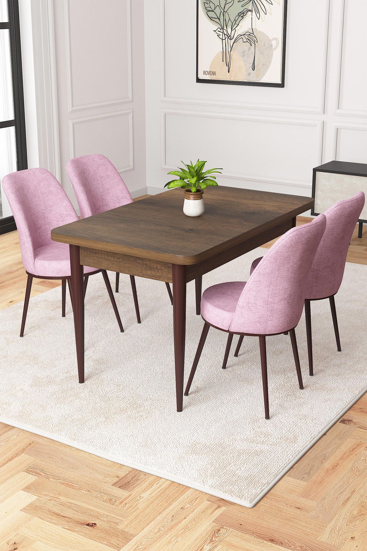 Raum Serisi Barok 70x110 Sabit Suntalam Yemek Odası Takımı Metal Ayak 4 Adet Pembe Sandalye-1