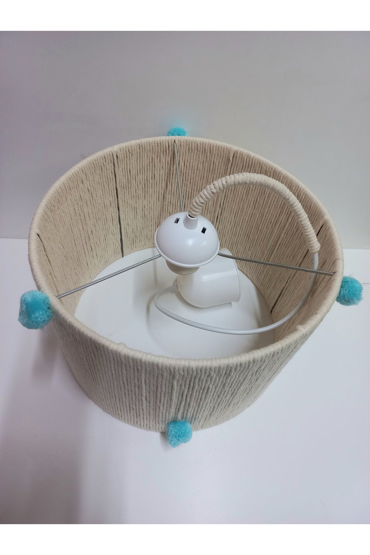 C&A&B KUZEY AVİZE-Ecru Macrame String Wrapped Pompom Design Pendant Lamp Chandelier for Baby Boy and Children's Room 2