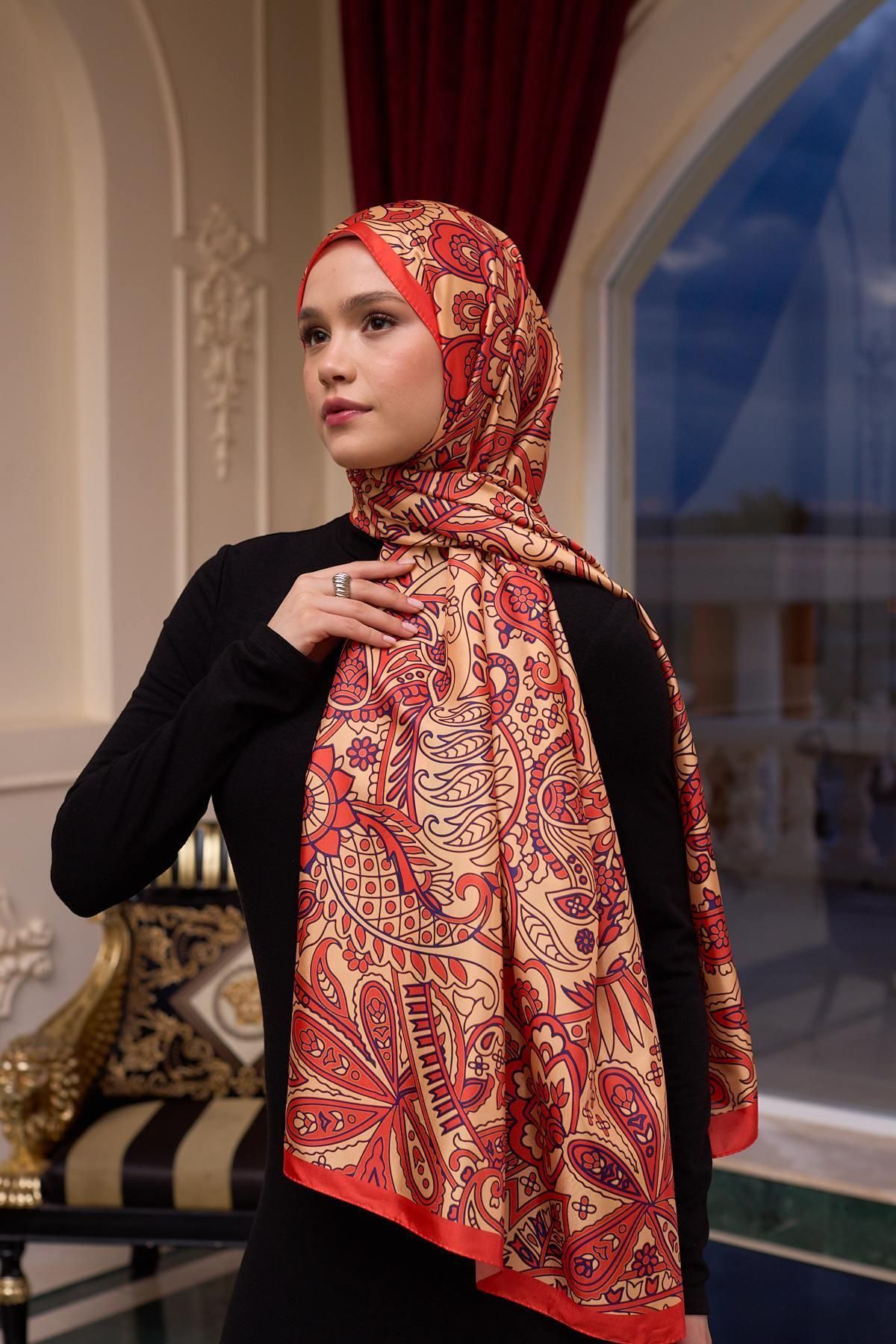 İpekhan-Gold Orange Patterned Voile Shawl - 9803-01 4