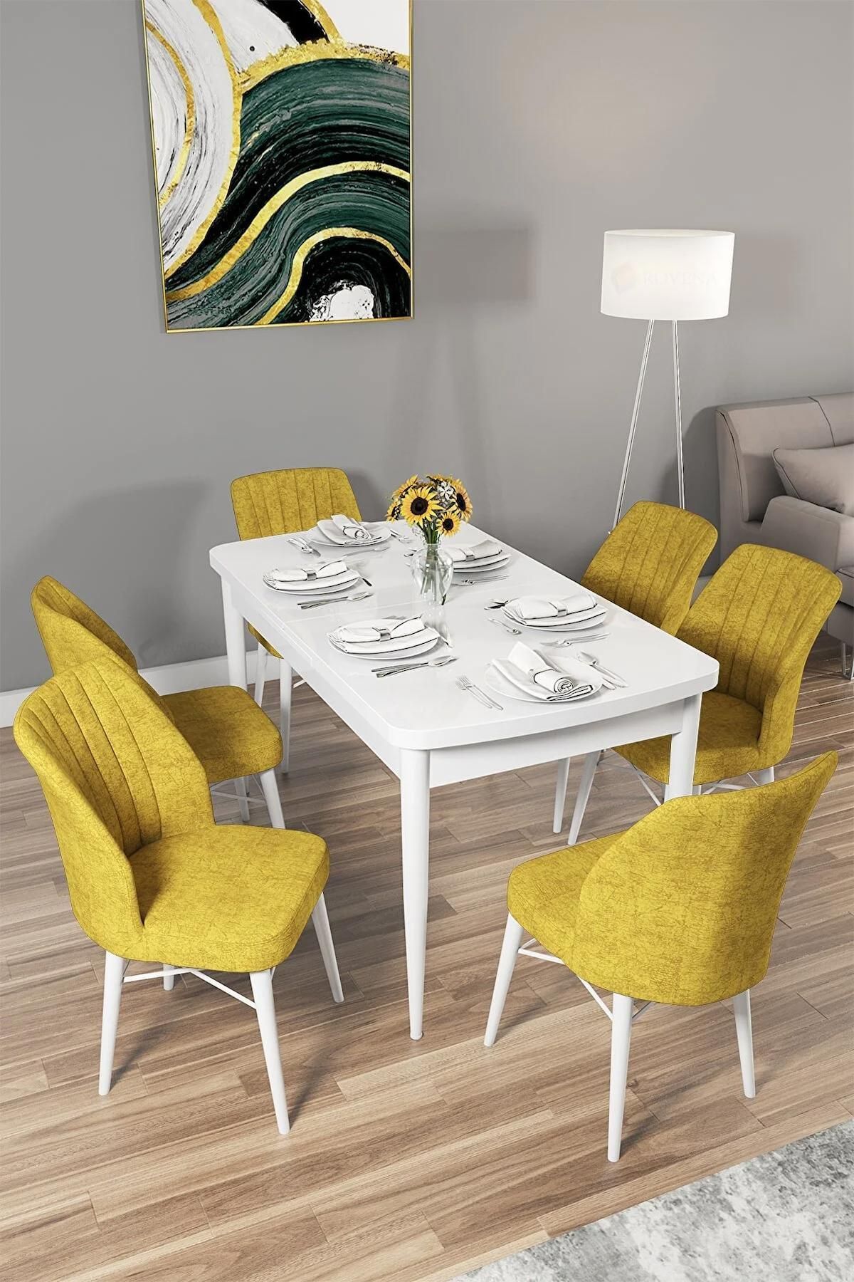 Mary Serisi Beyaz 70x114 Açılabilir MDF Mutfak Masası Takımı  Kumaş 6 Adet Hardal Sandalye-0