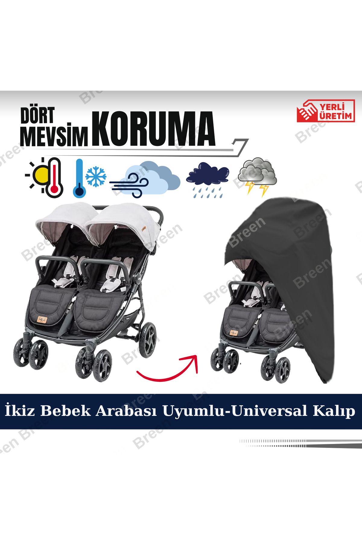 Breen İkiz Bebek Arabası Branda- Siyah Koruyucu Örtü, Su Geçirmez, Tozdan korur