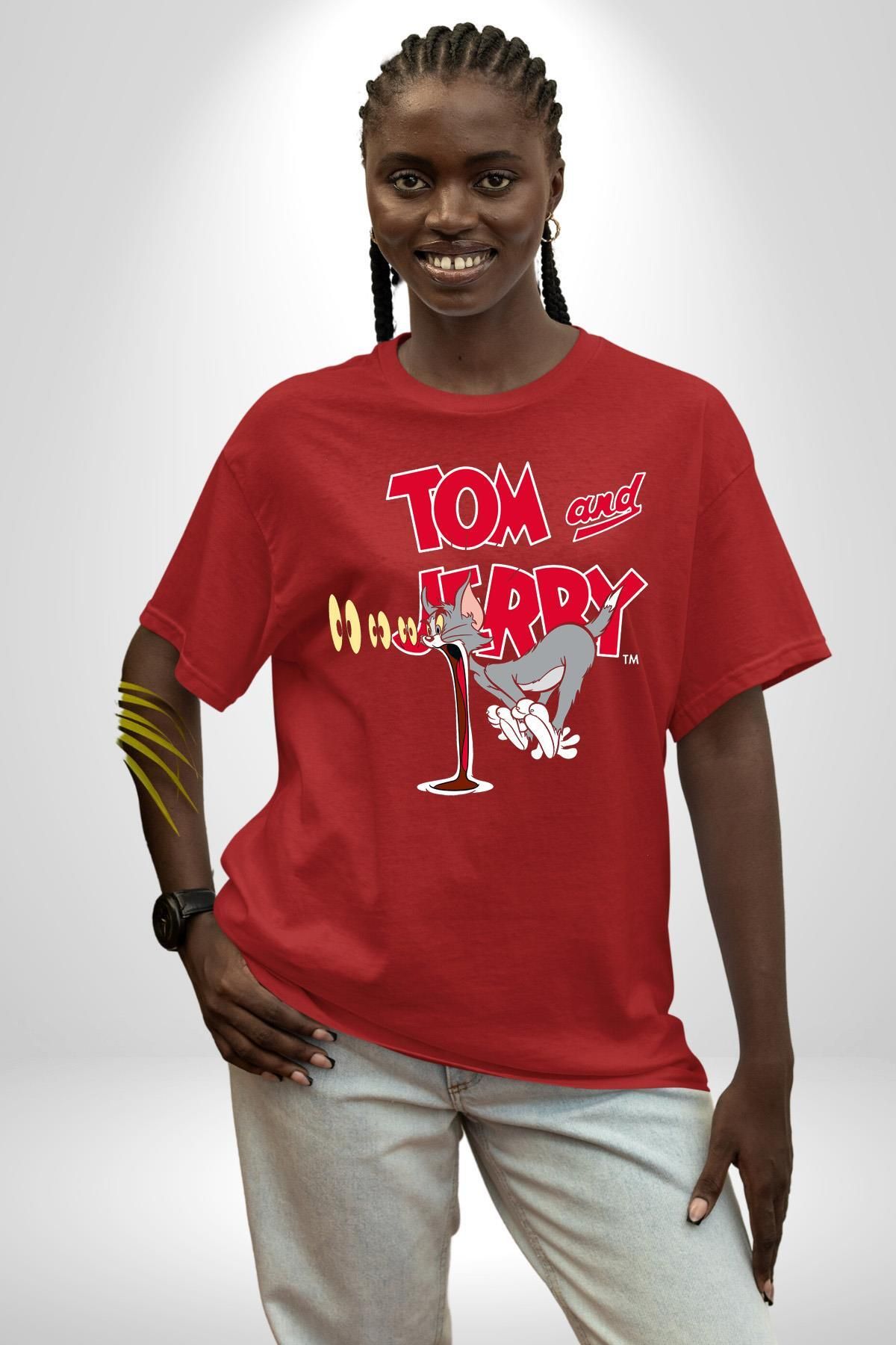 Navcoli-Tom and Jerry Confused Look Cartoon Graphic Printed Cotton Combed Cotton Women Men Red T-Shirt 6