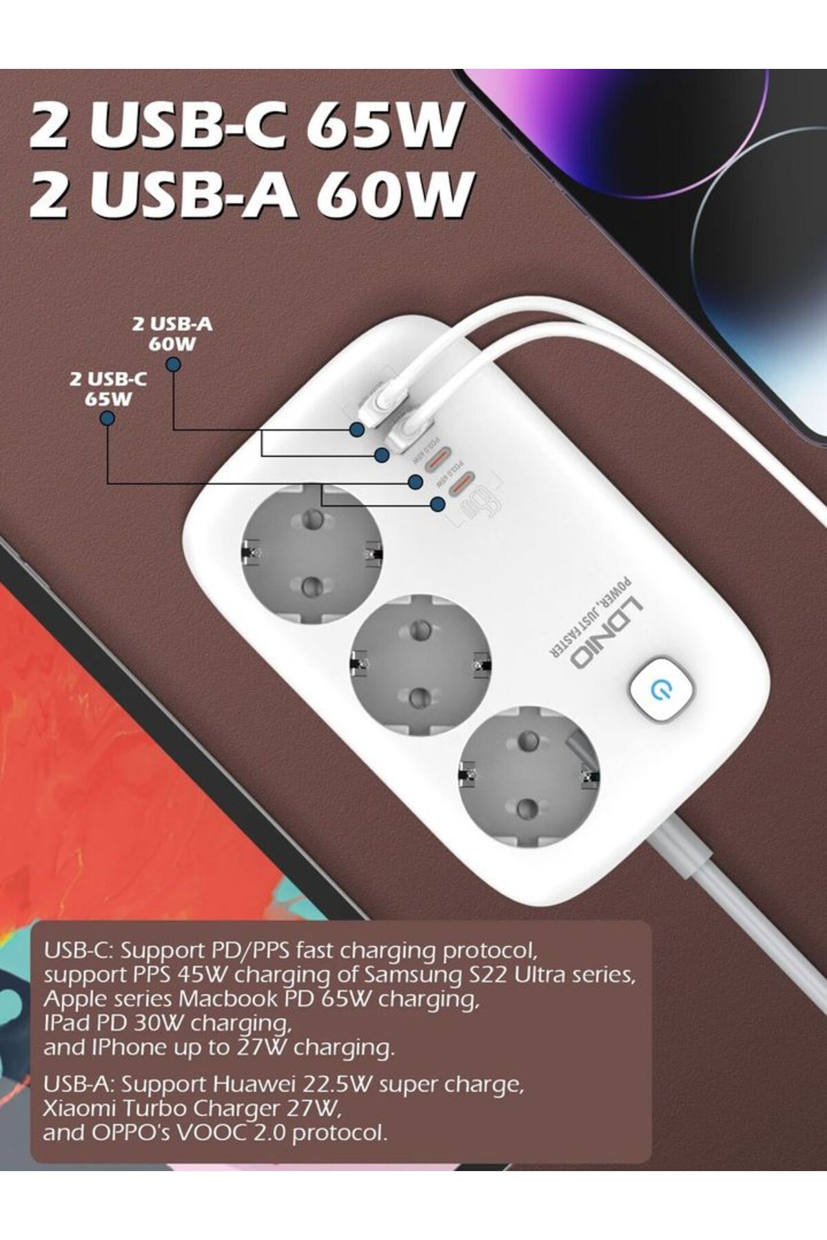 Choice-Eu Ldnio 3 Outlets Power Strip Eu Standard With Pd 65w 4 Usb Port Usb Charging 2m Extension Cord Soc 7