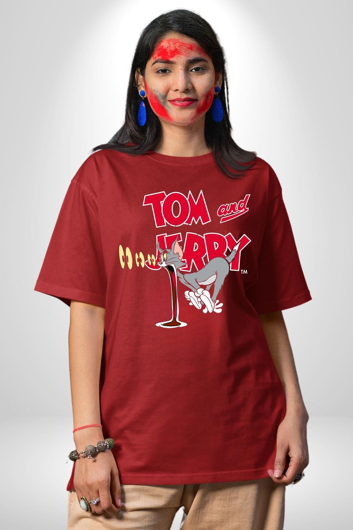 Navcoli-Tom and Jerry Confused Look Cartoon Graphic Printed Cotton Combed Cotton Women Men Red T-Shirt 7