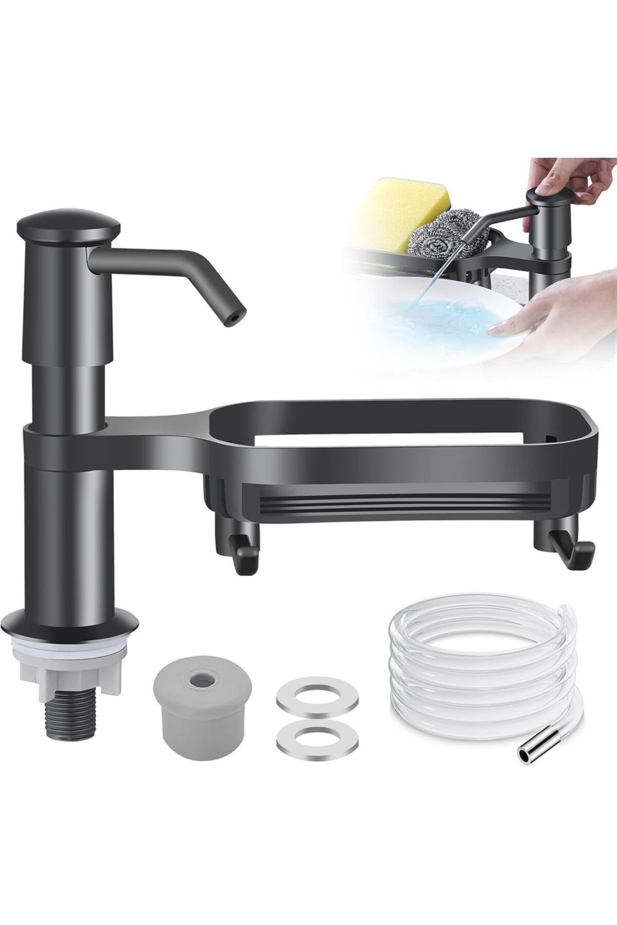 NIUXIANG-Black Dish Soap Dispenser For Kitchen Sink Dispenser Countertop Soap Dispenser Pump With Storage Rac 2