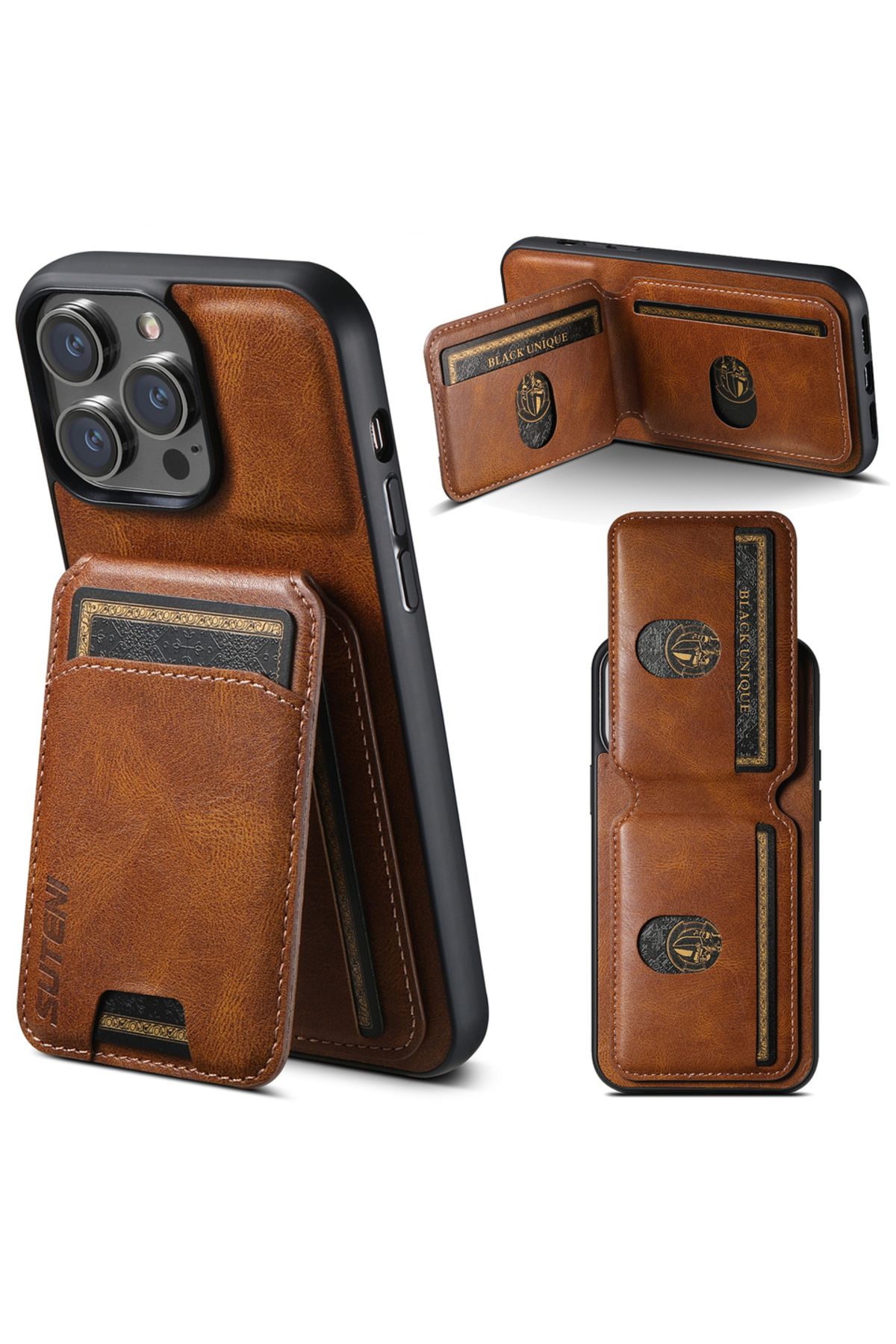 Choice-For Iphone 16promax Brown Suteni Card Holder Leather Magnetic Pocket Cover Wallet Phone Case For Iph 1