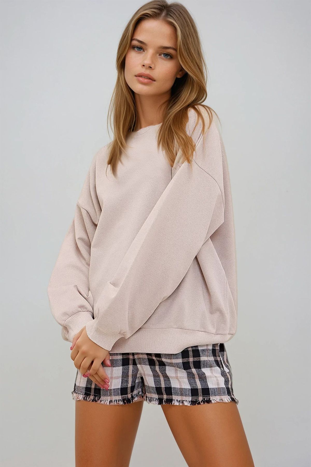 VAGGON-Women's Stone Crew Neck Oversize Seasonal Basic Seasonal Sweatshirt 2