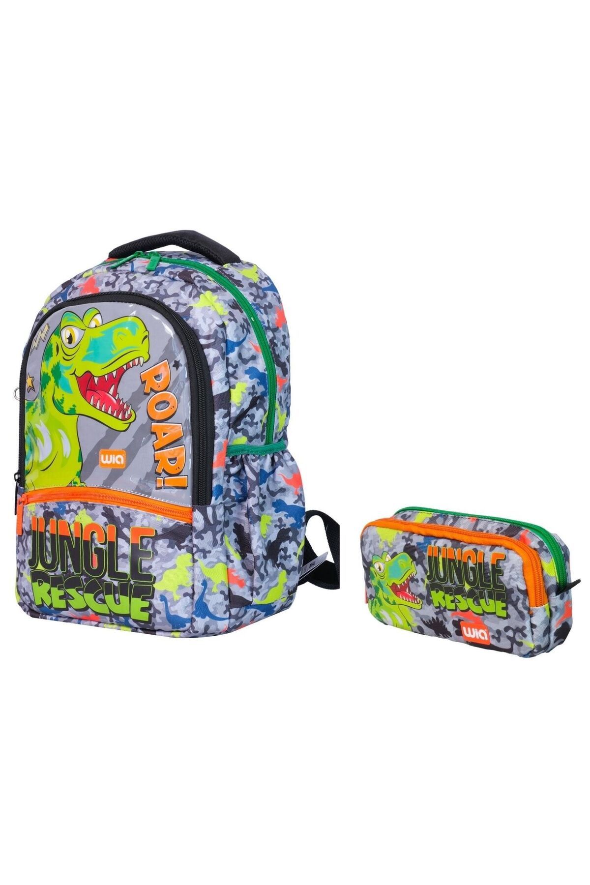 Wia-Dinosaur Printed Boys' Double Primary School Schoolbag Set - Backpack+Pencil Holder - Green - Gray 1