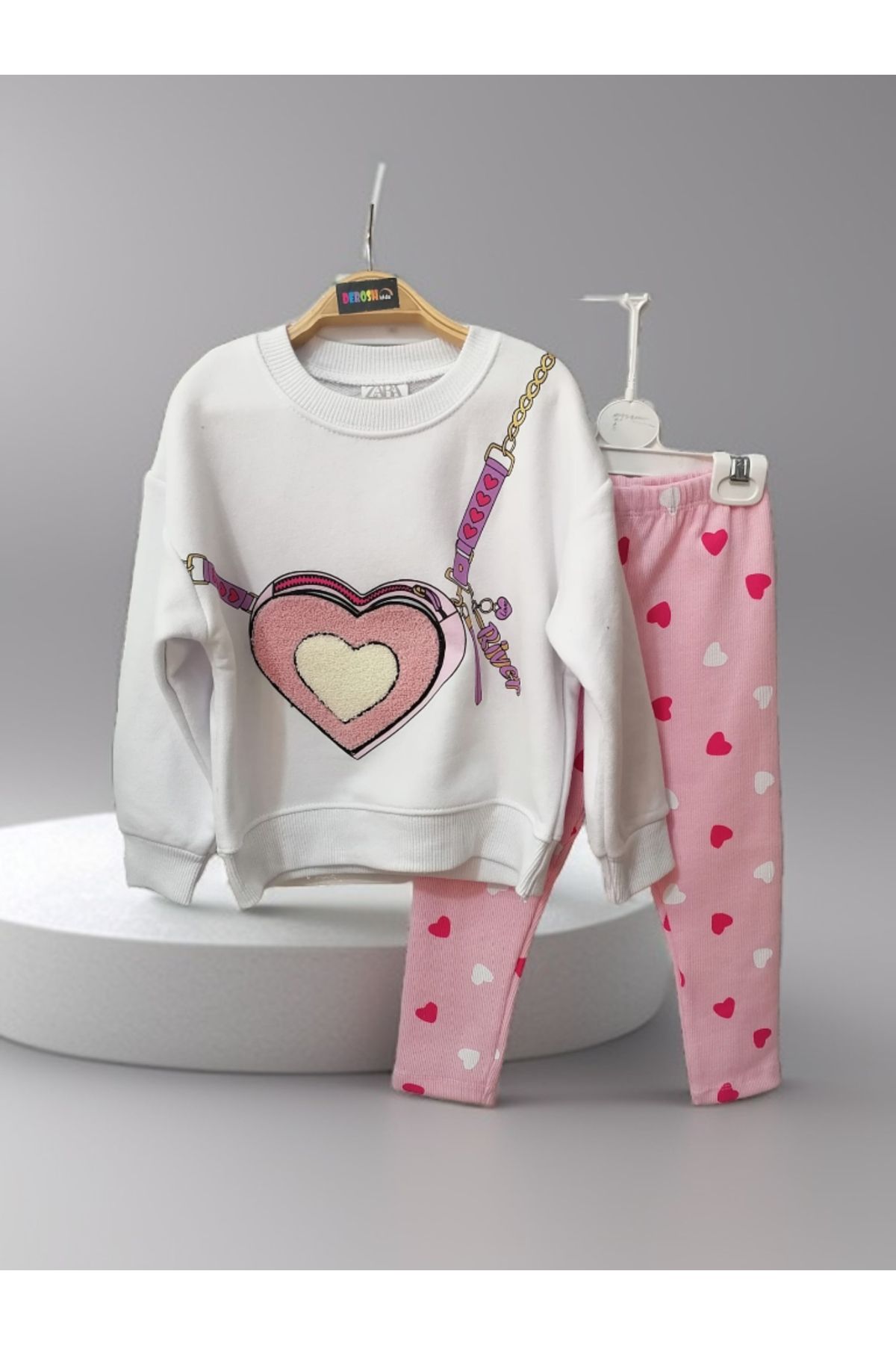 DEROSHkids-Girl's Heart Bag Pocket Detailed Sweatshirt Heart Ribbed Leggings Bottom Top Set 1