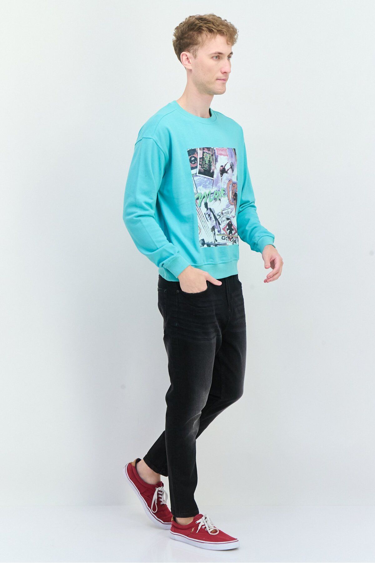 Goliath-Men Crew Neck Long Sleeve Graphic Print Sweatshirt, Turquoise 4