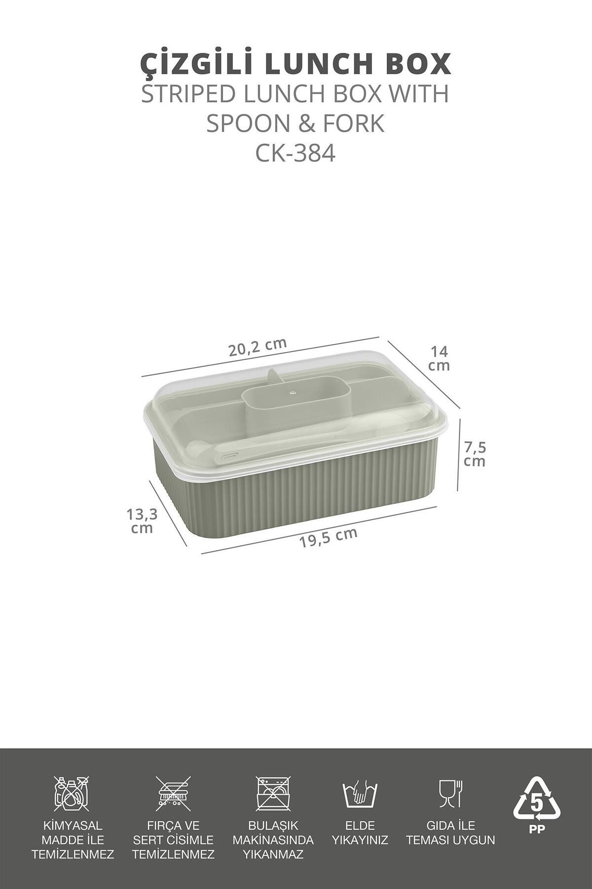 Okyanus Home-Green Striped Lunch Box 5 Compartments Lunch Box with Fork and Spoon Transparent Lid 6