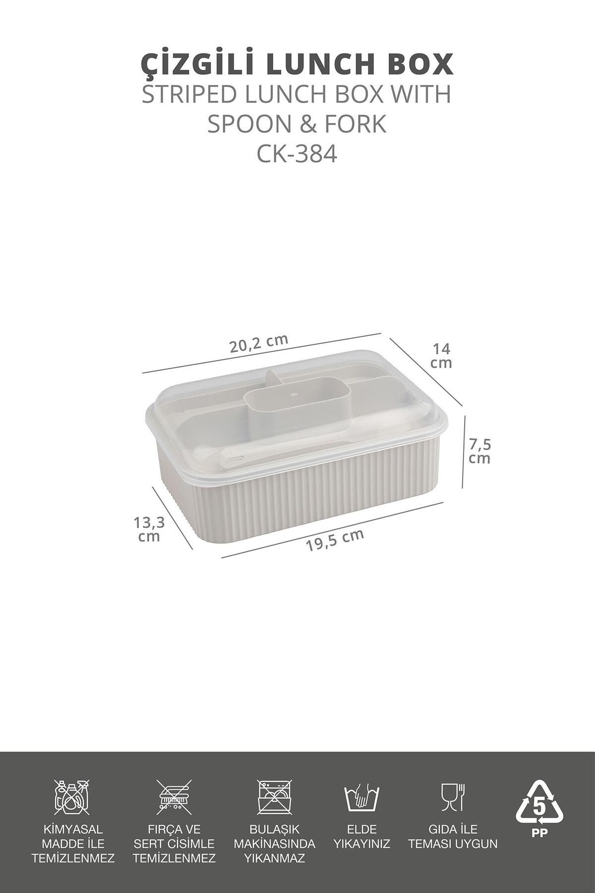 Okyanus Home-Beige Striped Lunch Box 5 Compartments Lunch Box with Fork and Spoon Transparent Lid 6