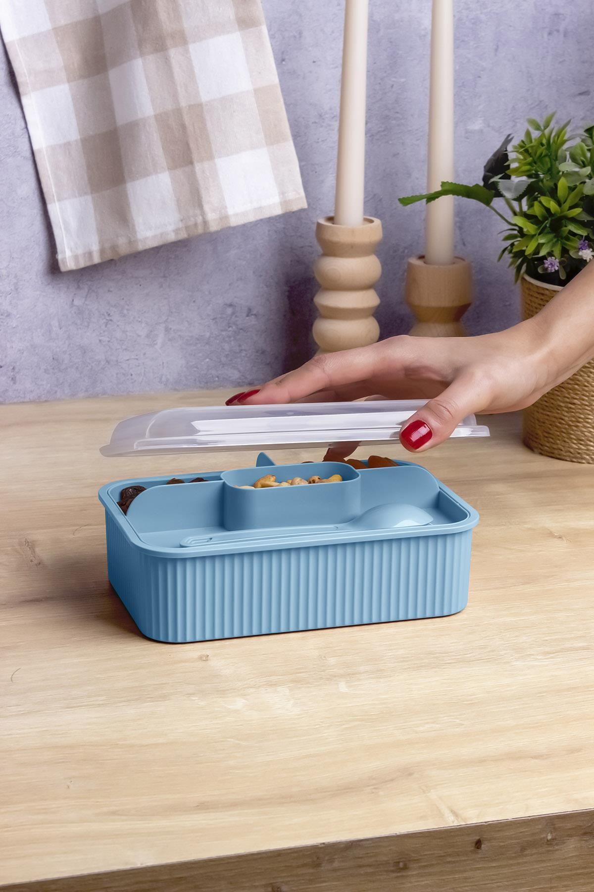 Okyanus Home-Blue Striped Lunch Box 5 Compartments Lunch Box with Fork and Spoon Transparent Lid 3