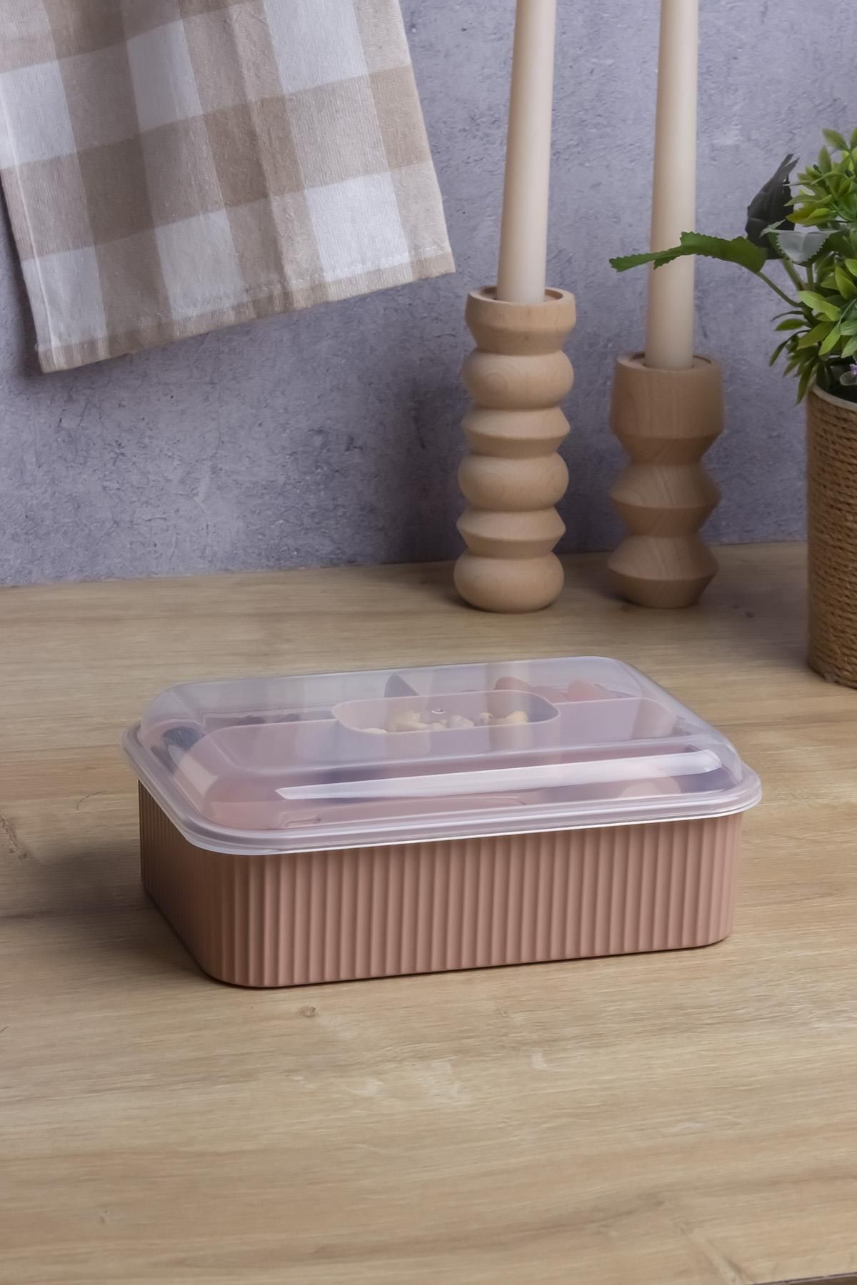 Okyanus Home-Powder Striped Lunch Box 5 Compartments Lunch Box with Fork and Spoon Transparent Lid 4