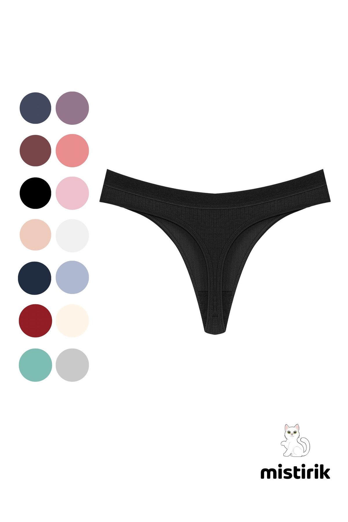 MİSTİRİK-Paulo Model Ribbed Stretchy Fabric String Thong Black Color 2