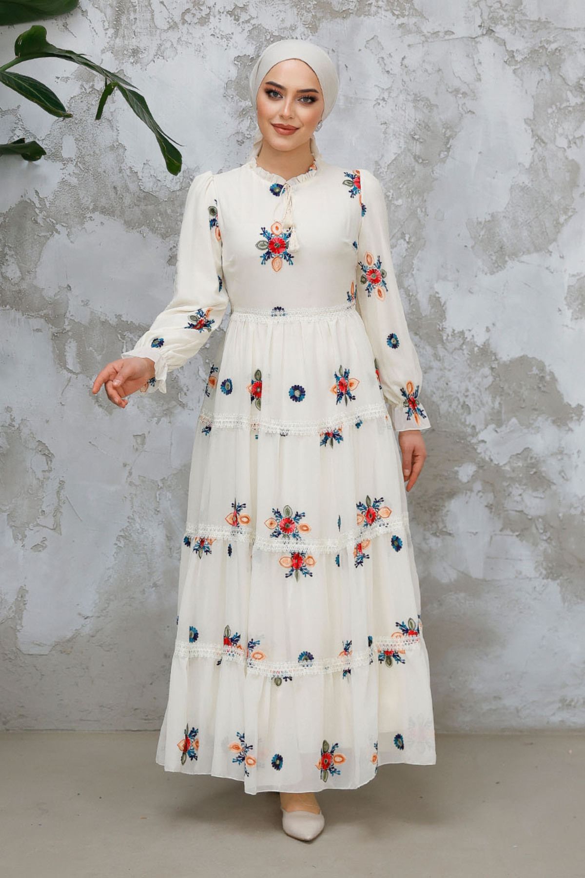 Neva Style-Embroidery Patterned Ecru Hijab Dress 45541E 4