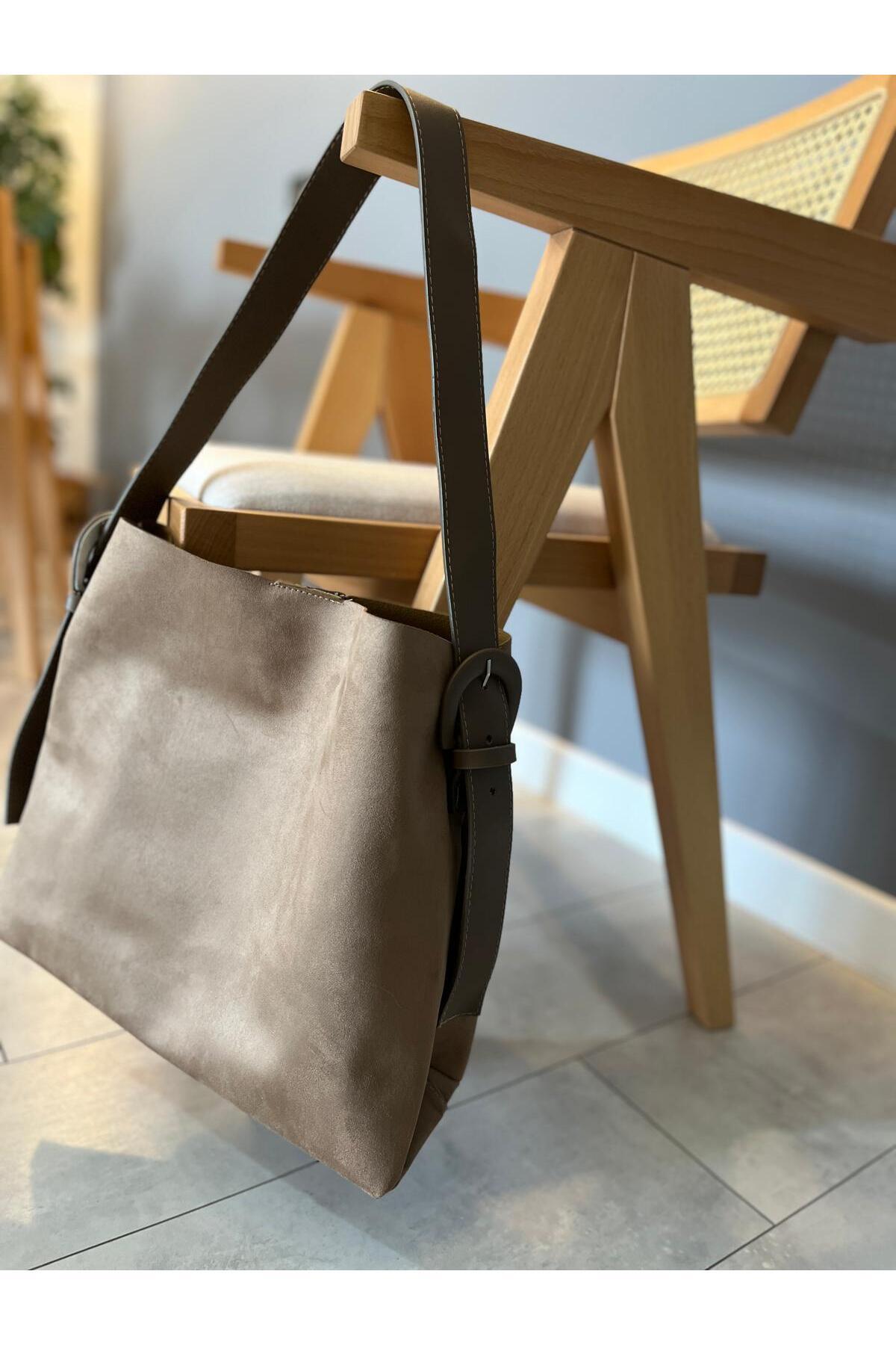 Buckle Detailed Suede Hot Coffee Large Size Women Shopper Bag