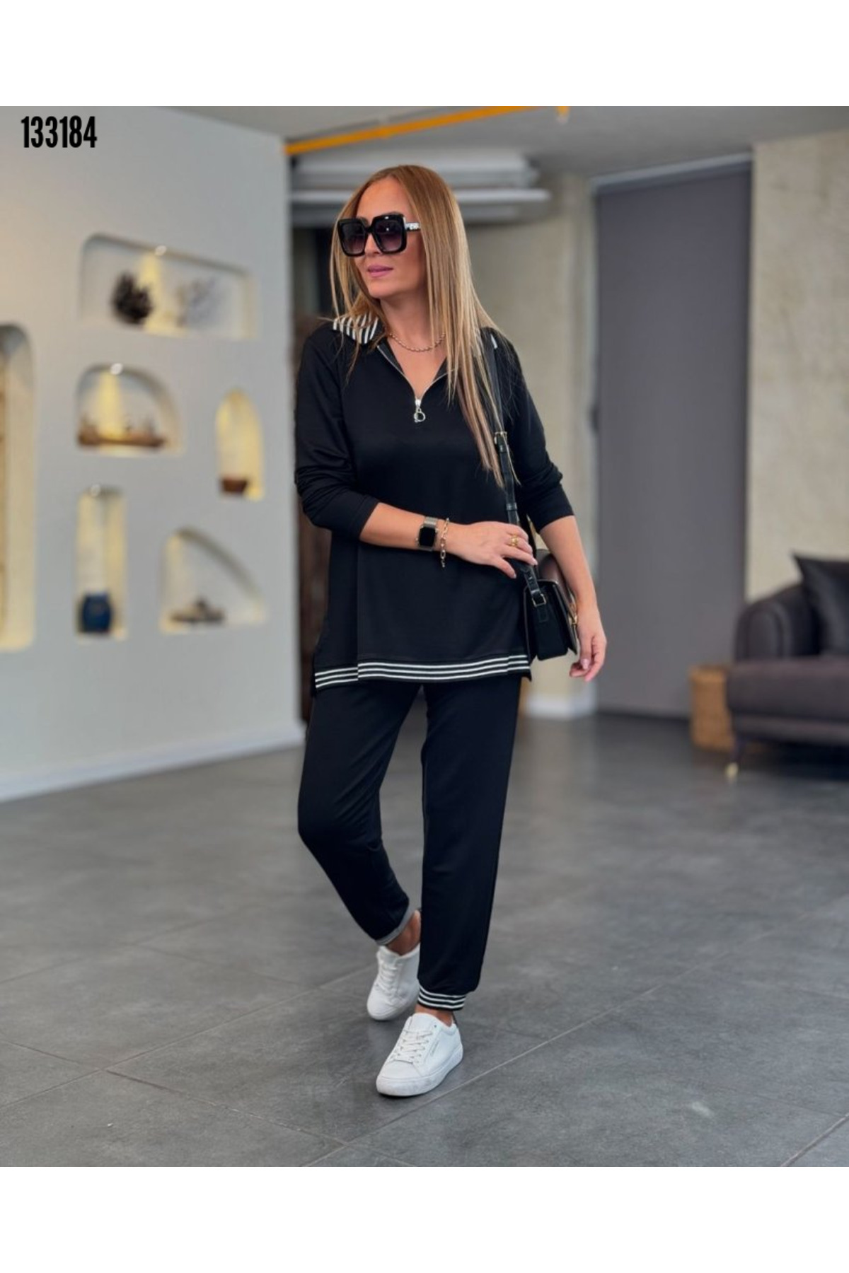 Kokosh moda Kadın Desen Detaylı Fermuarlı Büyük Beden Şık Alt Üst İkili Takım görsel 2