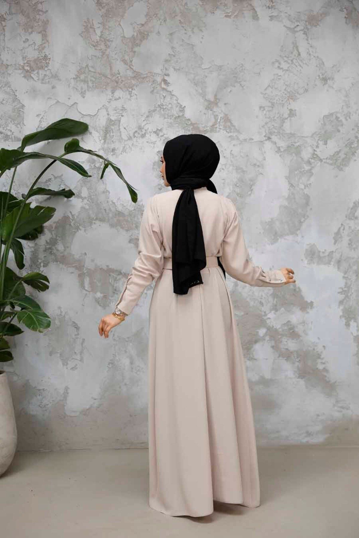 Neva Style-Μπεζ φόρεμα Hijab - Με αγκράφα και ζώνη, Μοντέλο 65879BEJ 4