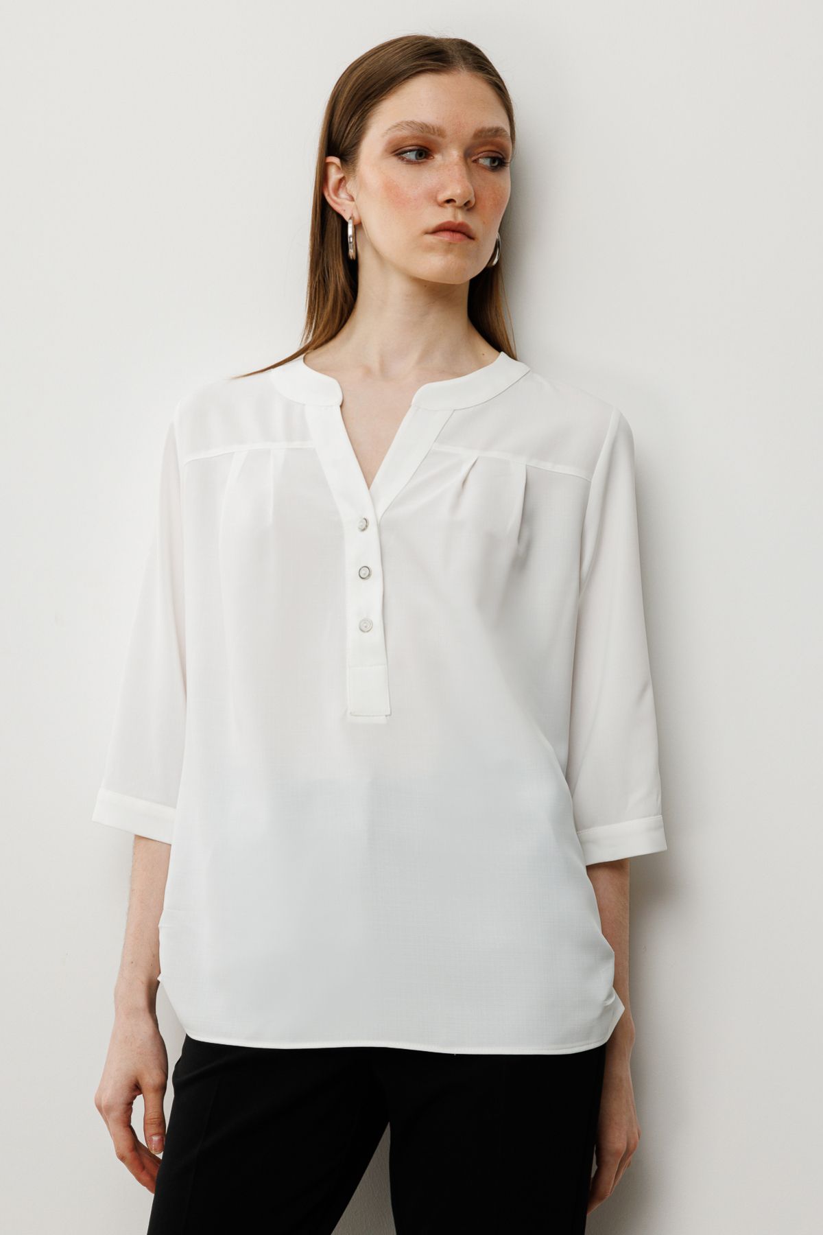 Ekol-Buttoned Front Three-Quarter Sleeve Blouse 1