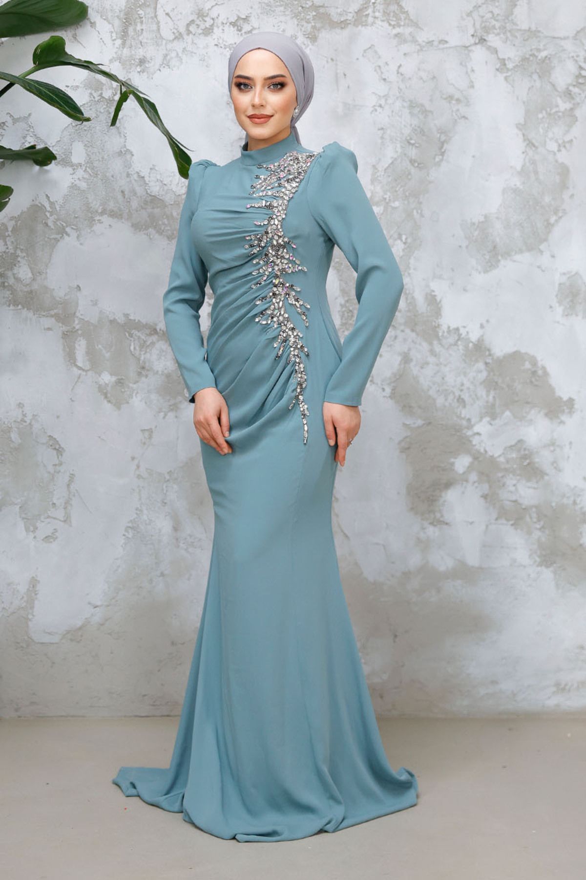 Neva Style-Beading Embroidered Green Hijab Evening Dress 4964Cy 3