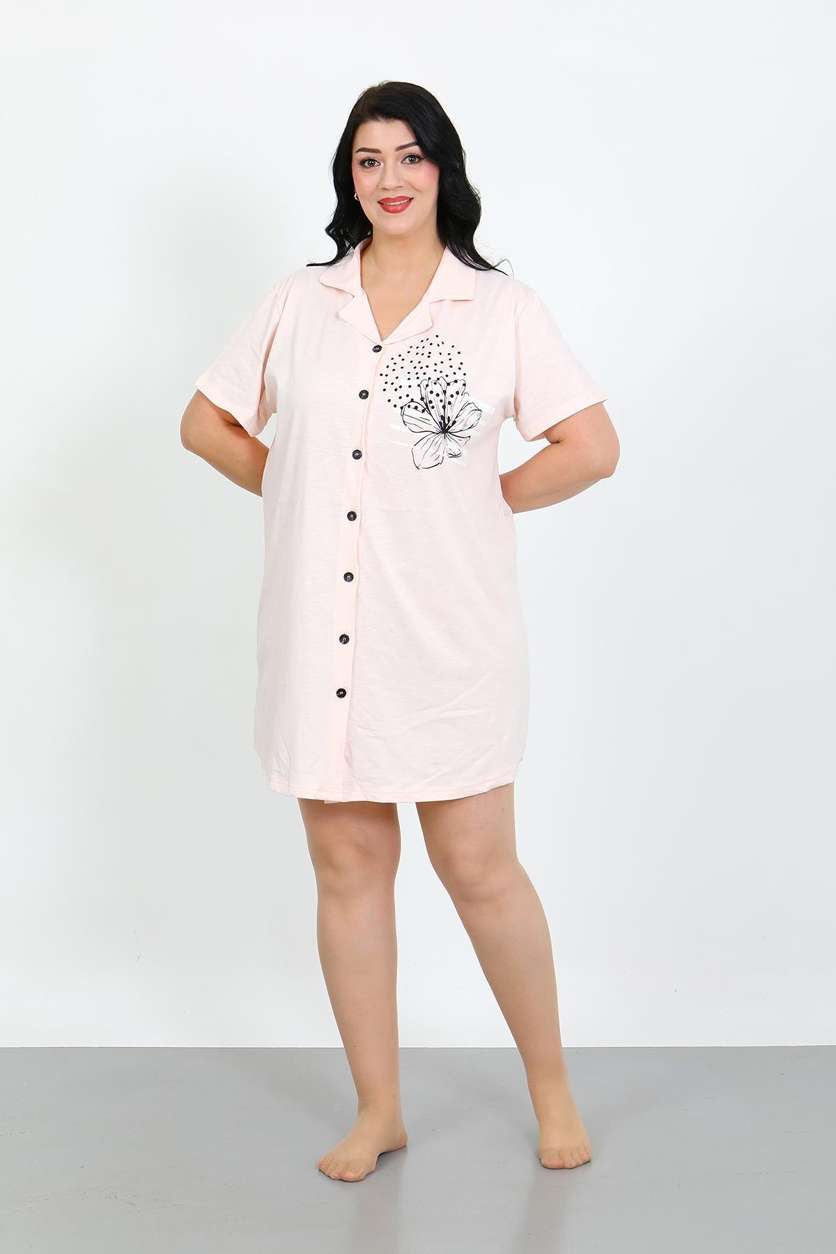 Akbeniz-Plus Size Combed Cotton Buttoned Powder Tunic Nightgown 1025 4