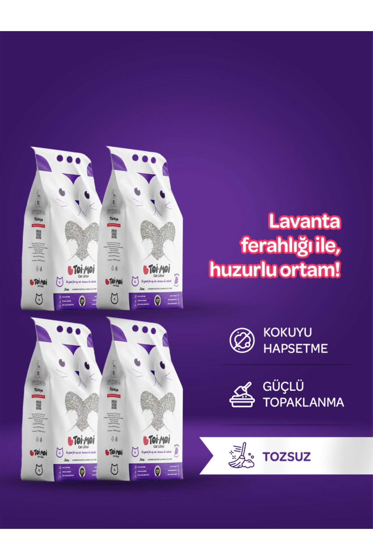 Toi Moi 4lü Avantaj Paketi Topaklanan, Tozsuz, Koku Hapseden Lavantalı Bentonit Kedi Kumu 4x5lt