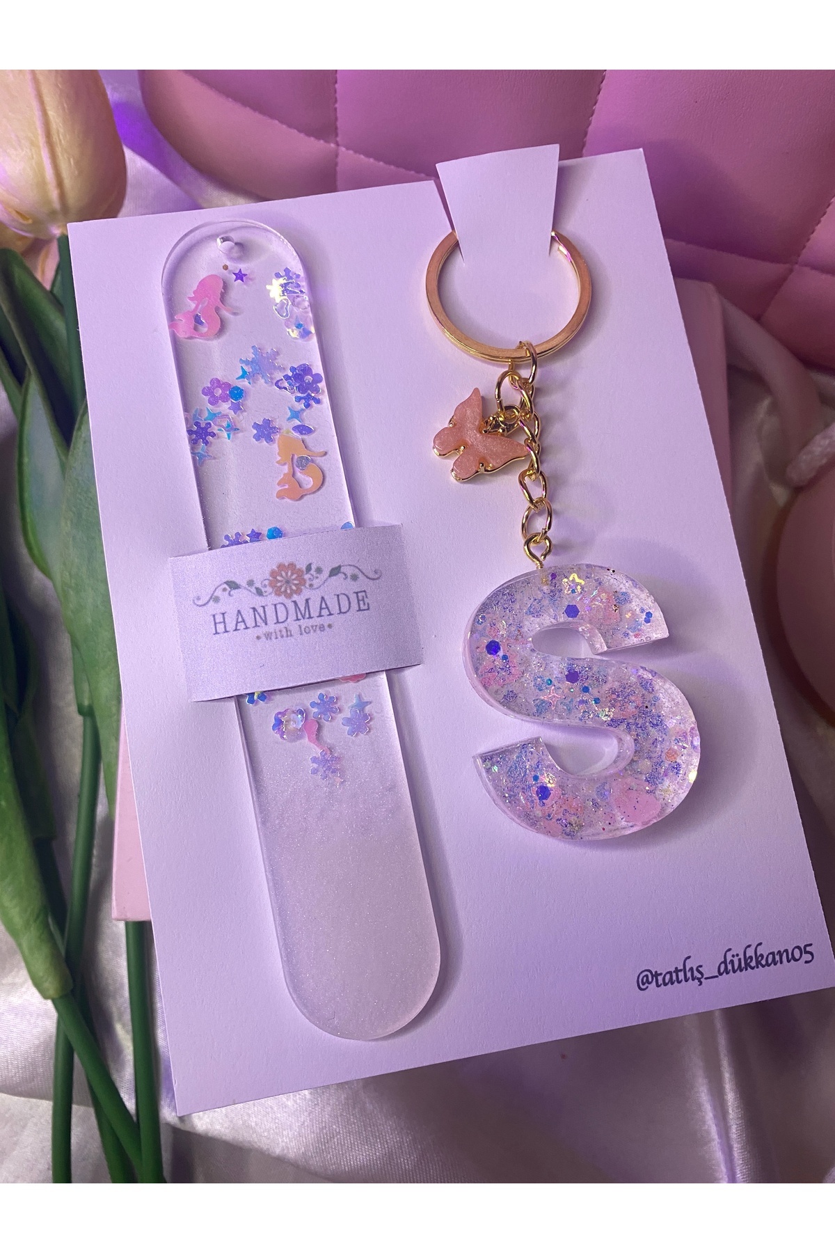 TATLIŞ El yapımı epoksi kitap ayracı ve anahtarlık seti simli set