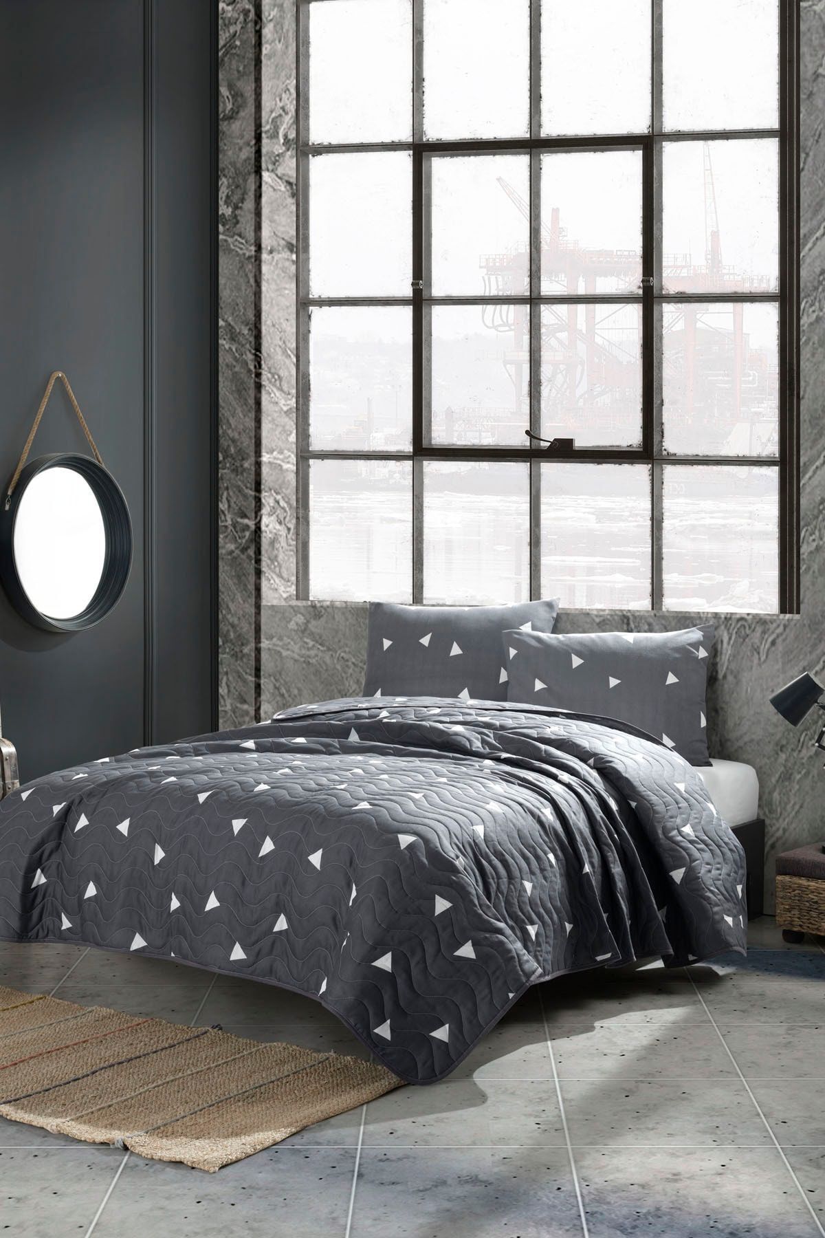Eponj Home-Gray Quilted Single Triangle Bedspread Set 2