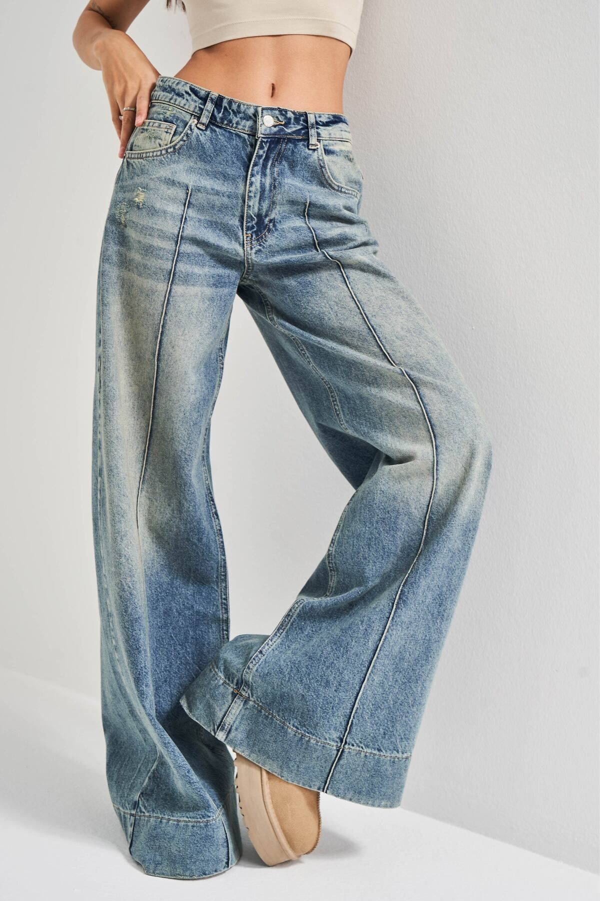 its basic-Blugi de damă T.Kot Color 12S5-65 Super Palazzo Fit 100% Koton Jeans din denim cu talie medie 5
