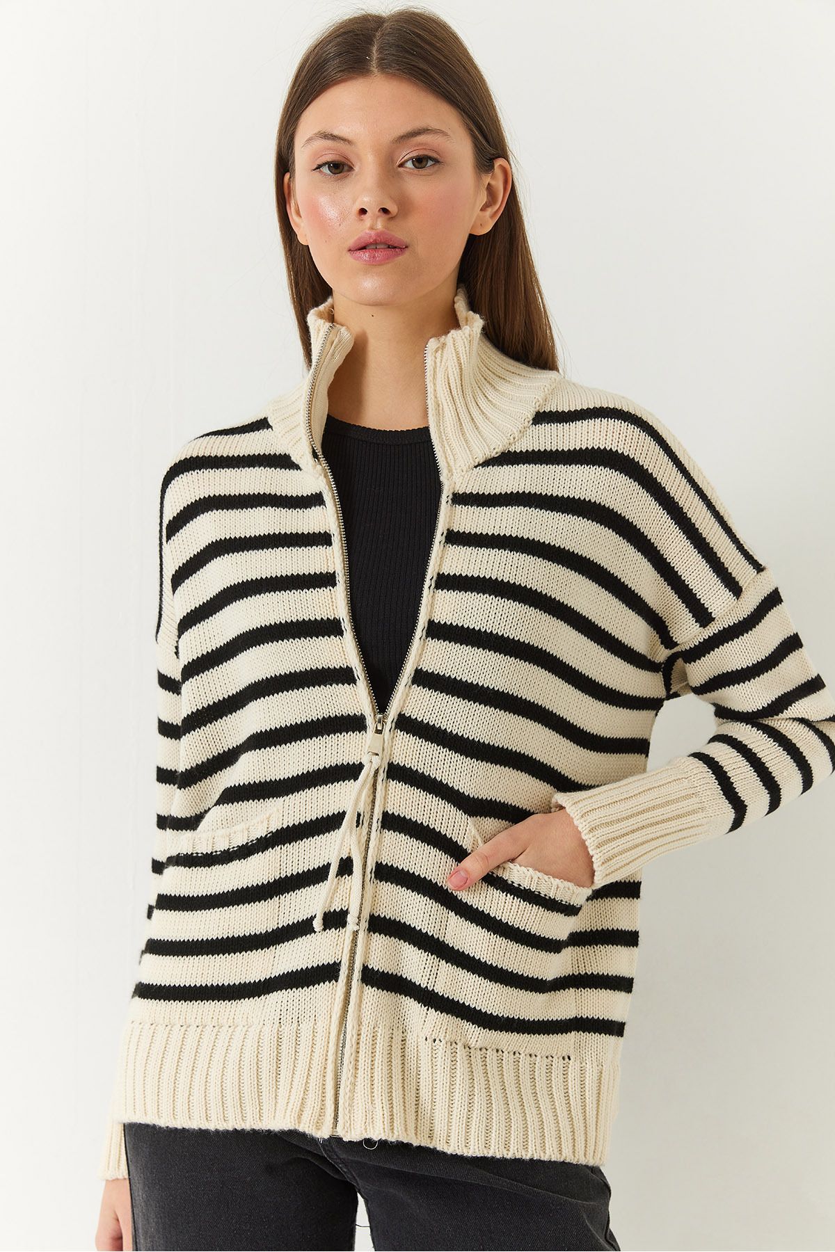 Bianco Lucci-Women's Striped Zippered Knitwear Cardigan 20246314 4