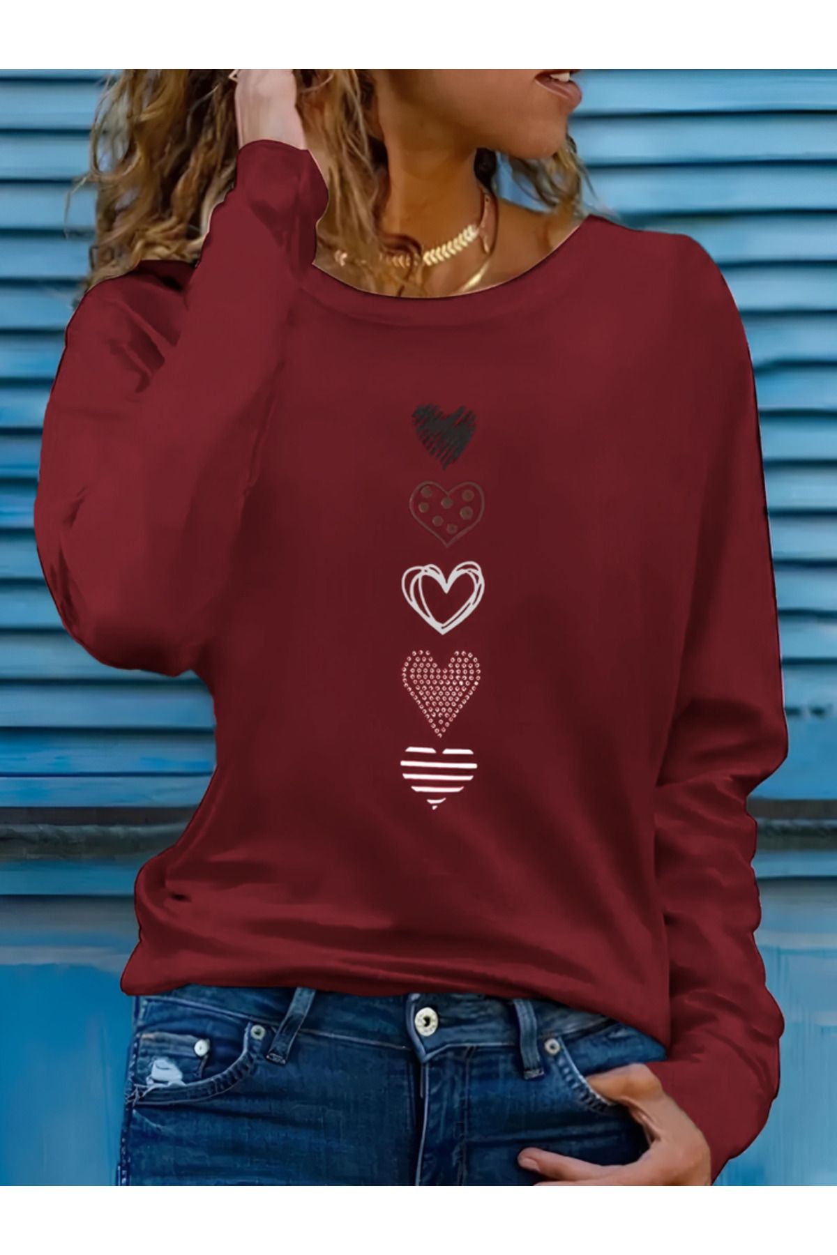 moda wanilia Kadın Uzun Kollu Bisiklet Yaka Desenli Viskon Bluz