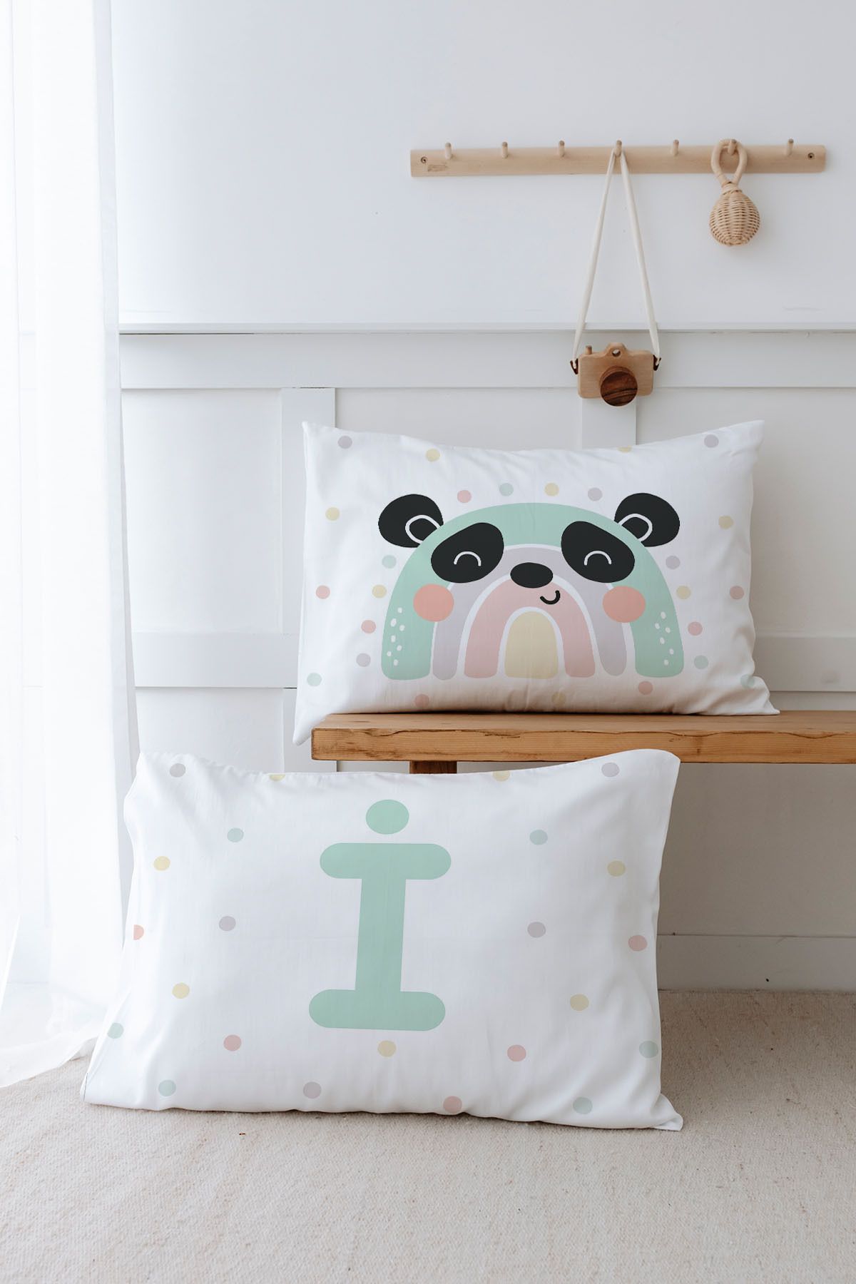 Tuğba Kuğu-Mint Blue Panda Patterned 2-Piece Pillowcase - Letter Series 1