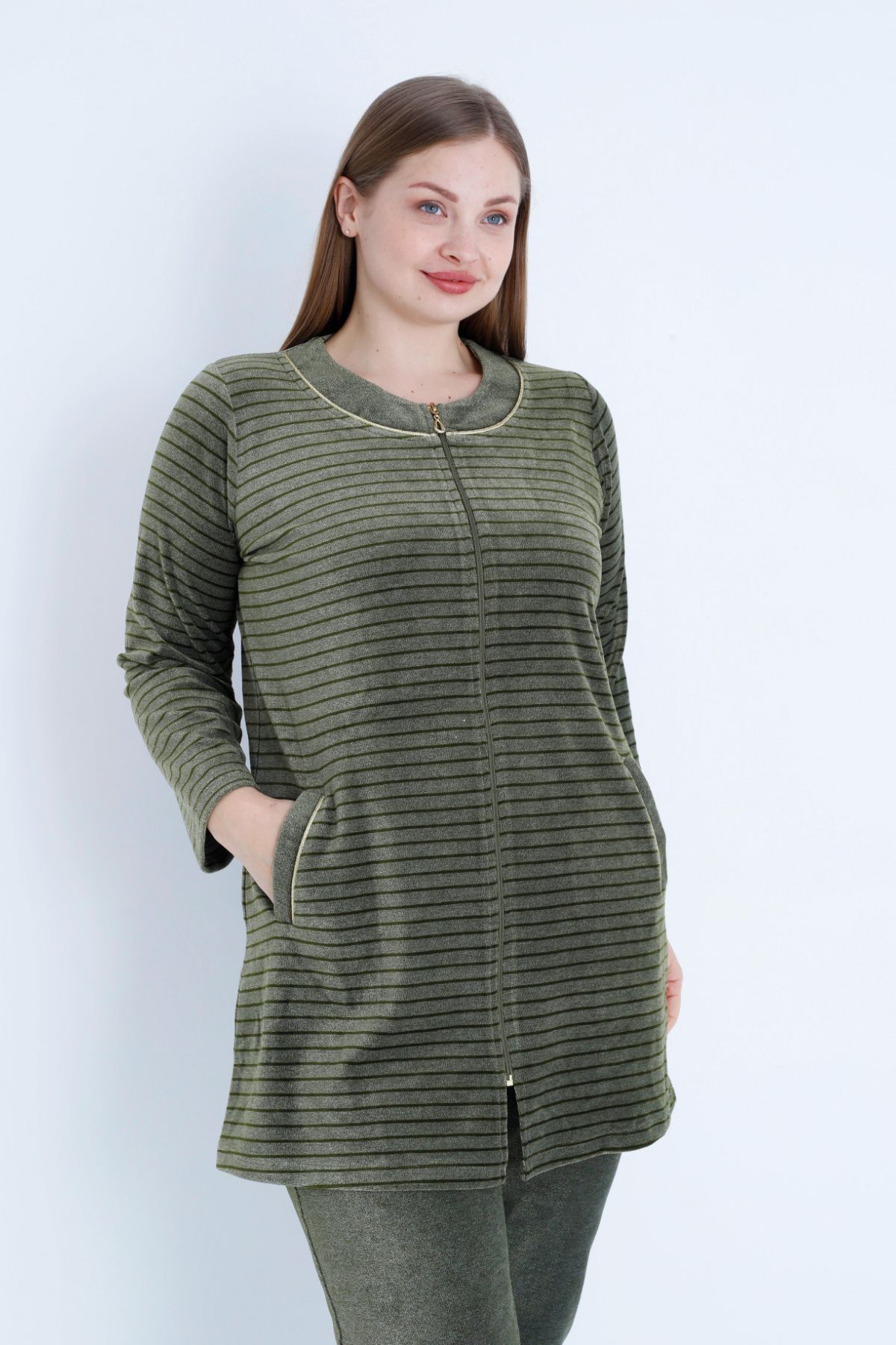 İntensive-Women's Khaki Line Print Long Sleeve Ribbed Zippered Plus Size Cotton Velvet Bottom Top Suit 3