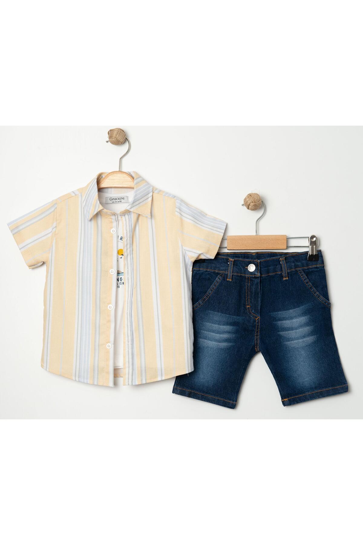 Chicsy Baby Tarz Gömlekli Çizgili Belden Ayarlanabilir Kısa Kollu Şortlu 3'lü Takım Çocuk ve Bebek Giyim Özel Gü fotoğrafı 4 (önizleme)