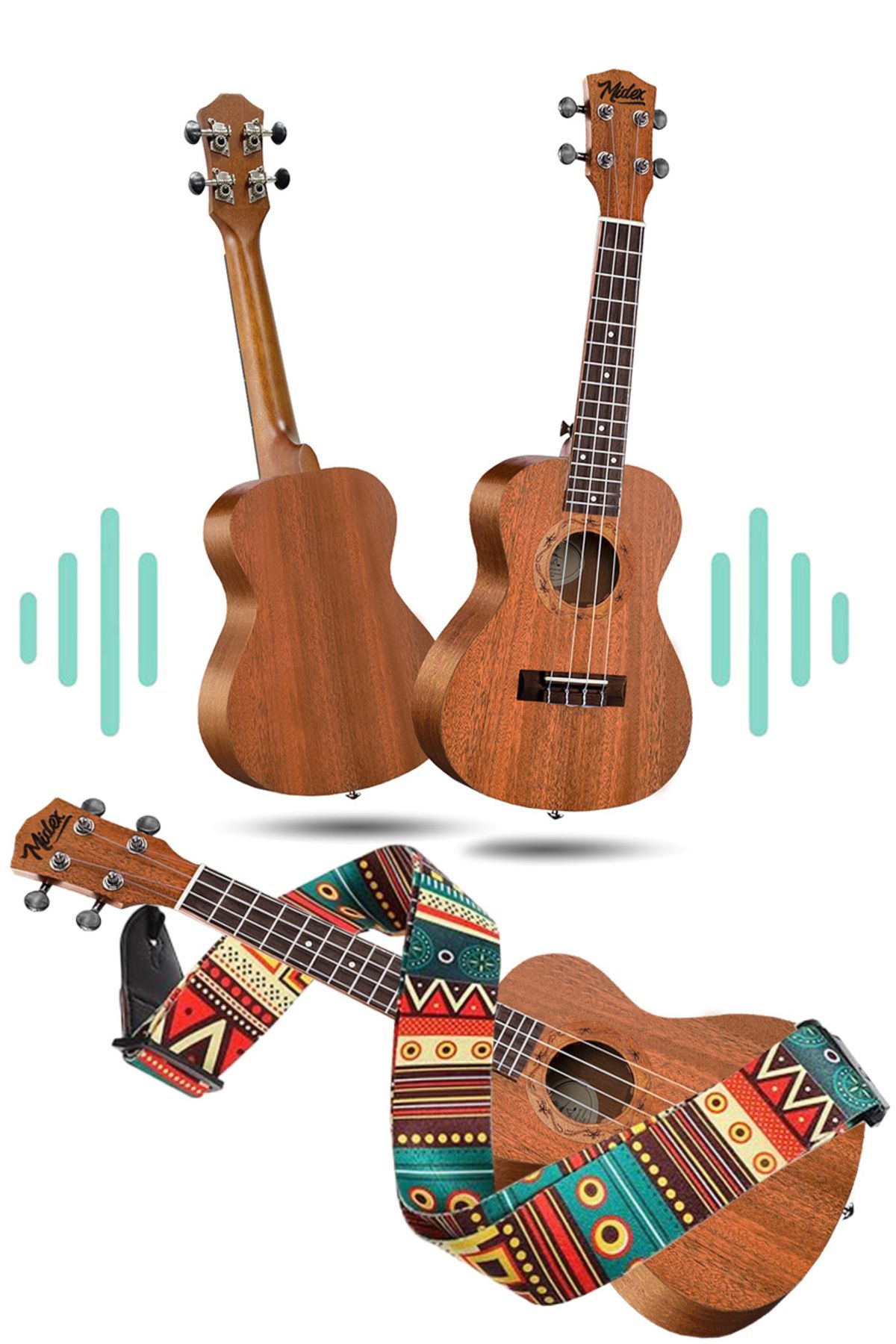 Midex-SP-21MC Set Mahogany Soprano Ukulele (Softcase Tuner Capo Method Musical Note Sticker Strap Plectrums) 3