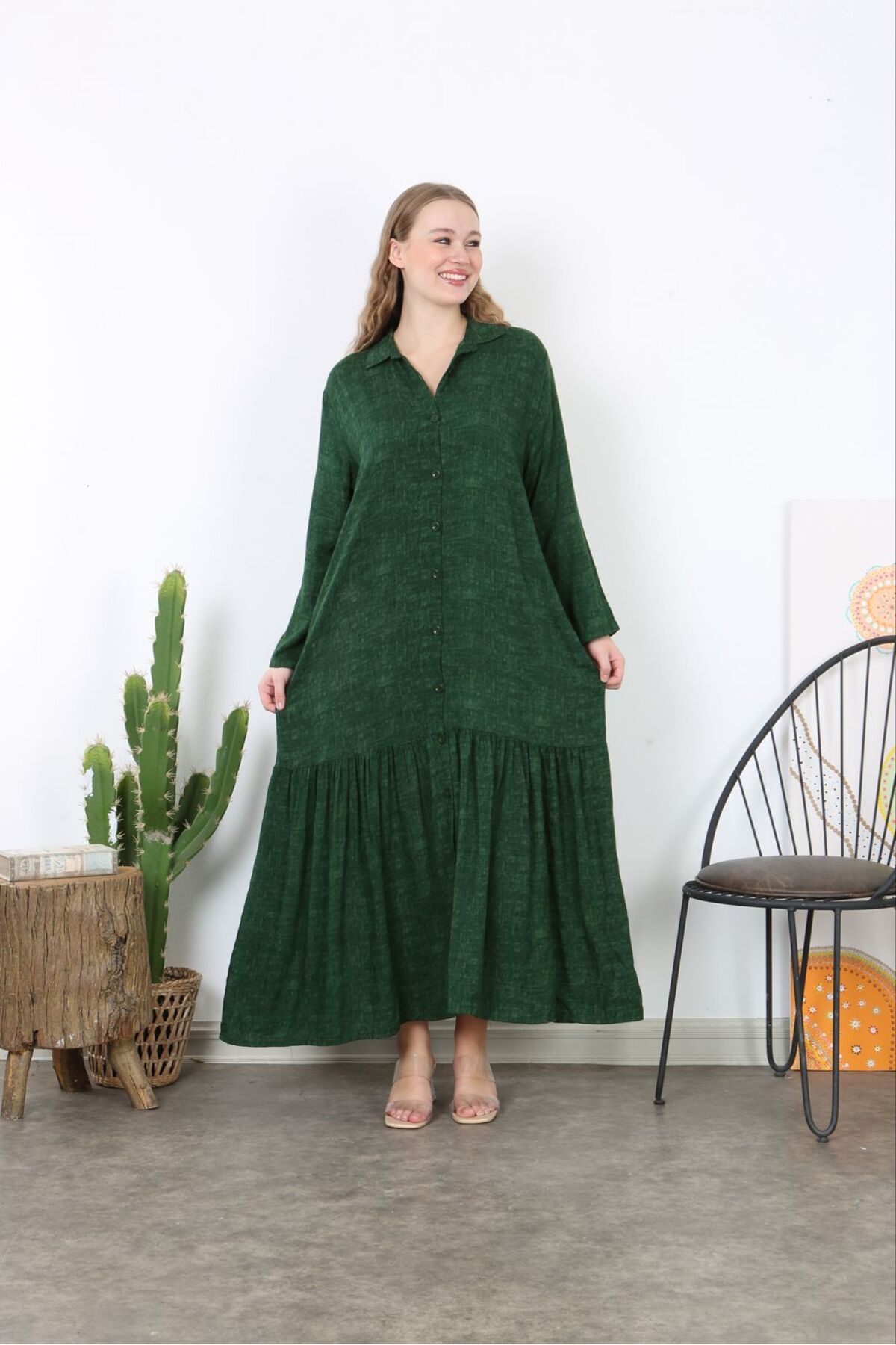 Şans-Women's Plus Size Green Woven Viscose Length Button-Down Long Dress with Pockets 65N38738 7